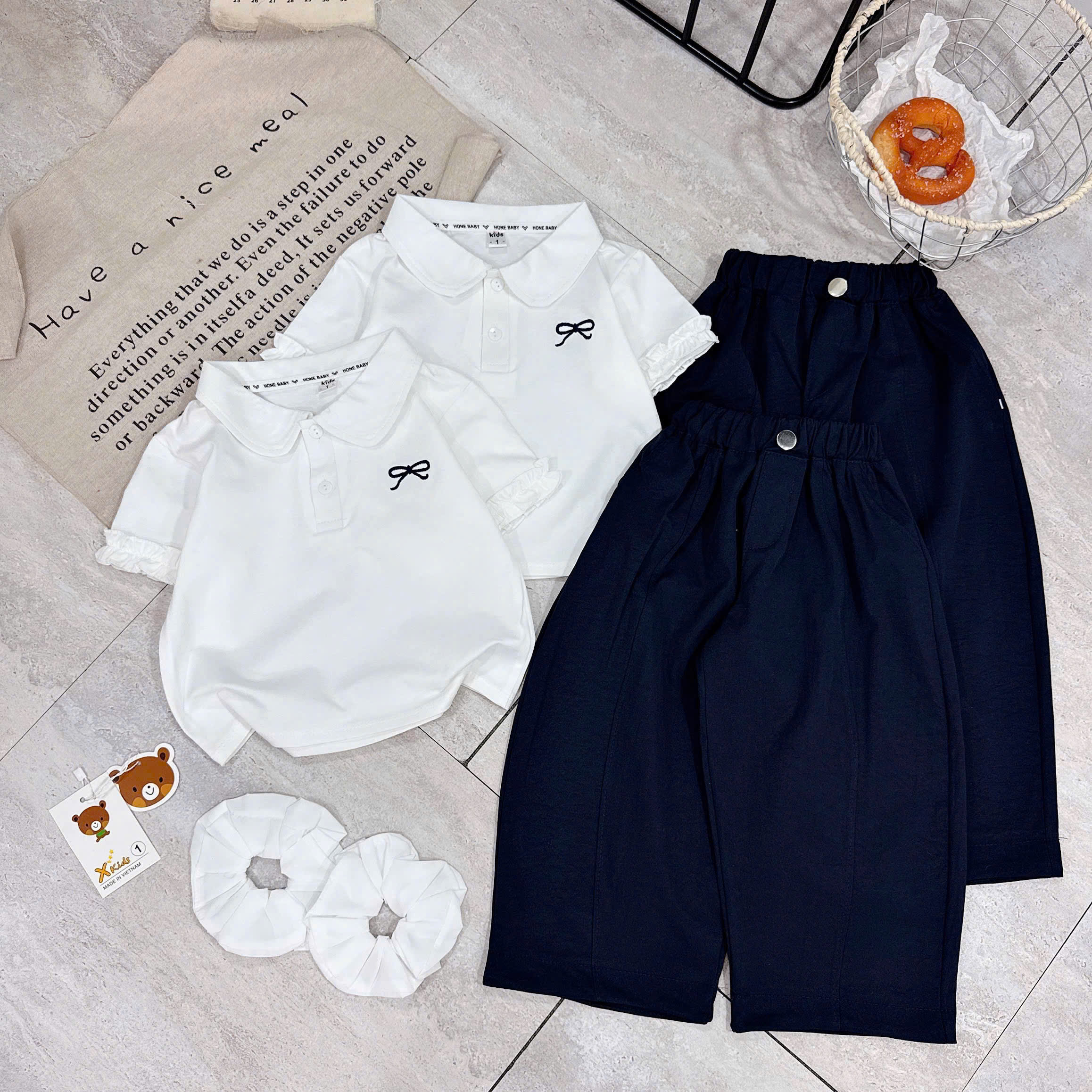 sét bộ áo cotton học sinh quần co giãn bé gái xk