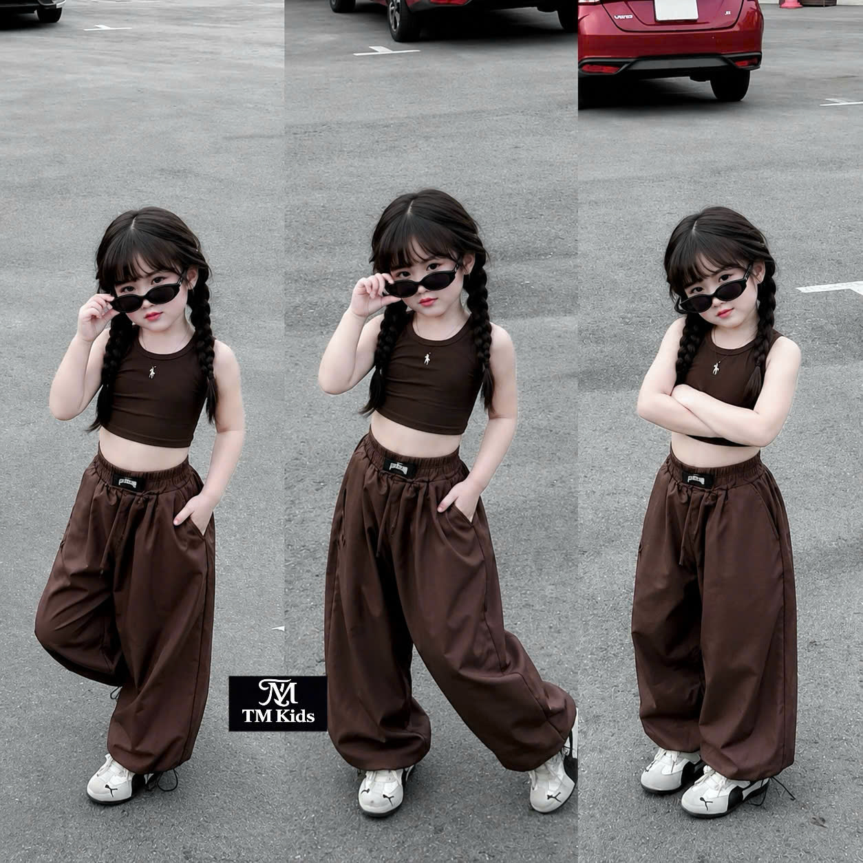 sét bộ áo croptop nâu tây bé gái tm