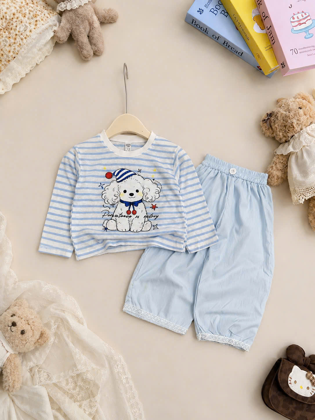 sét bộ áo kẻ hoạt hình quần bo ren gấu bé gái