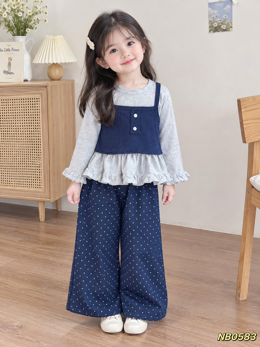 sét bộ áo may iền 2 dây quần xuông bi bé gái