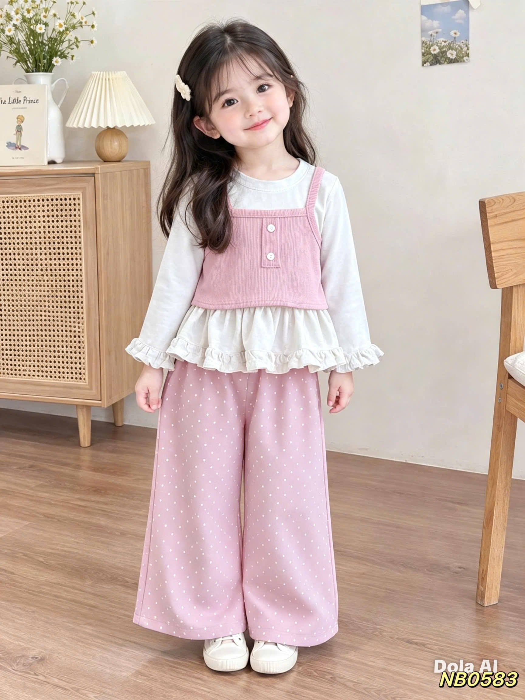 sét bộ áo may iền 2 dây quần xuông bi bé gái