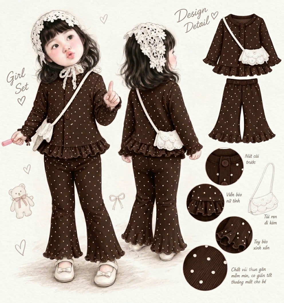 sét bộ len thỏ chấm bi kèm túi bé gái