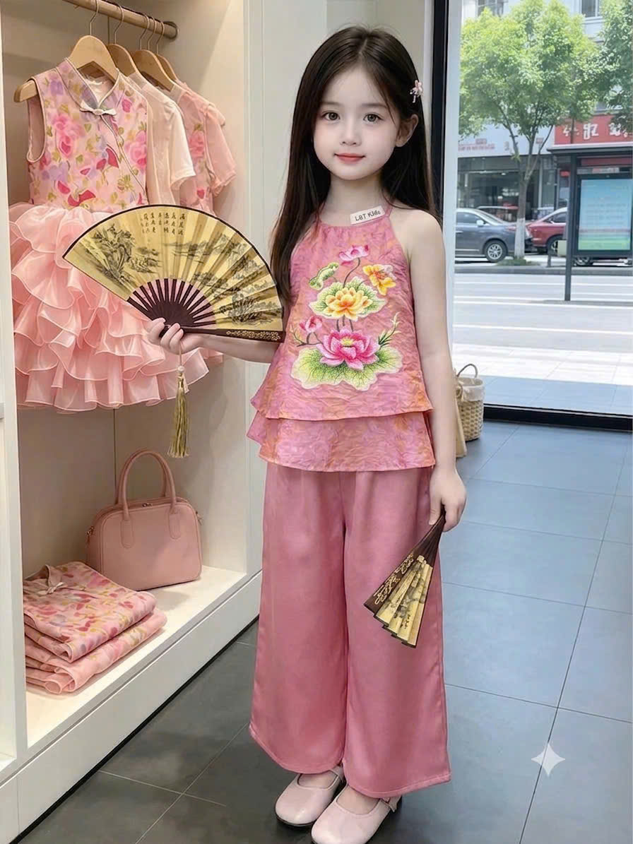 sét bộ lụa gấm ánh kim hoa sen bé gái