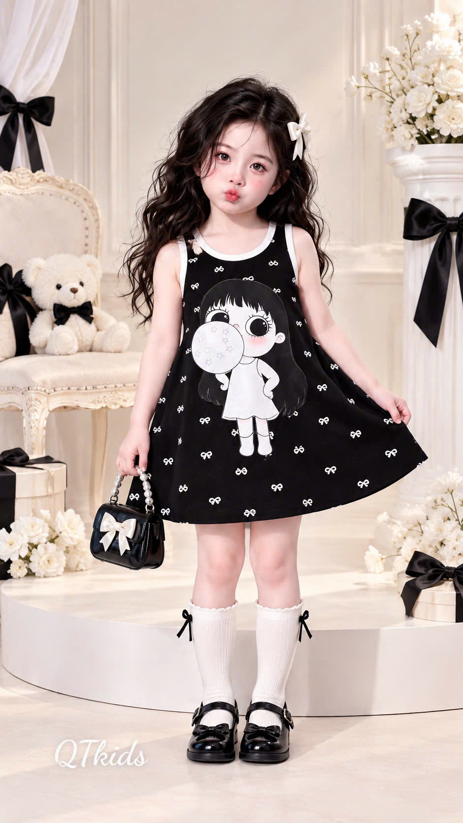váy chấm bi hình bé gái qt