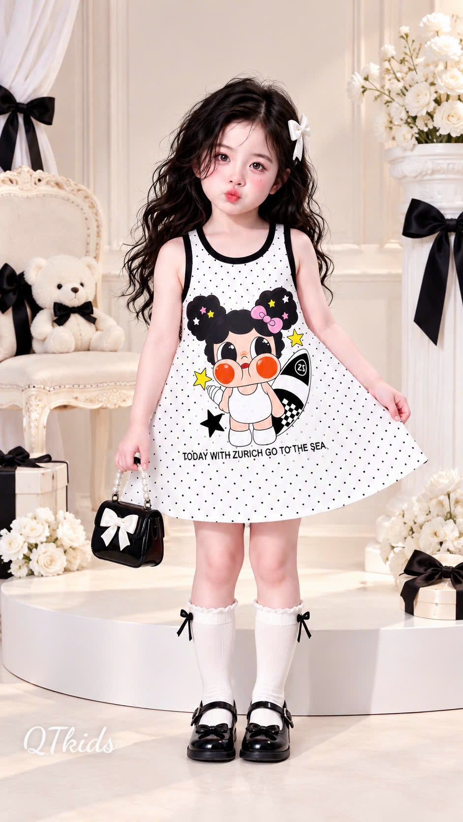 váy chấm bi hình bé gái qt