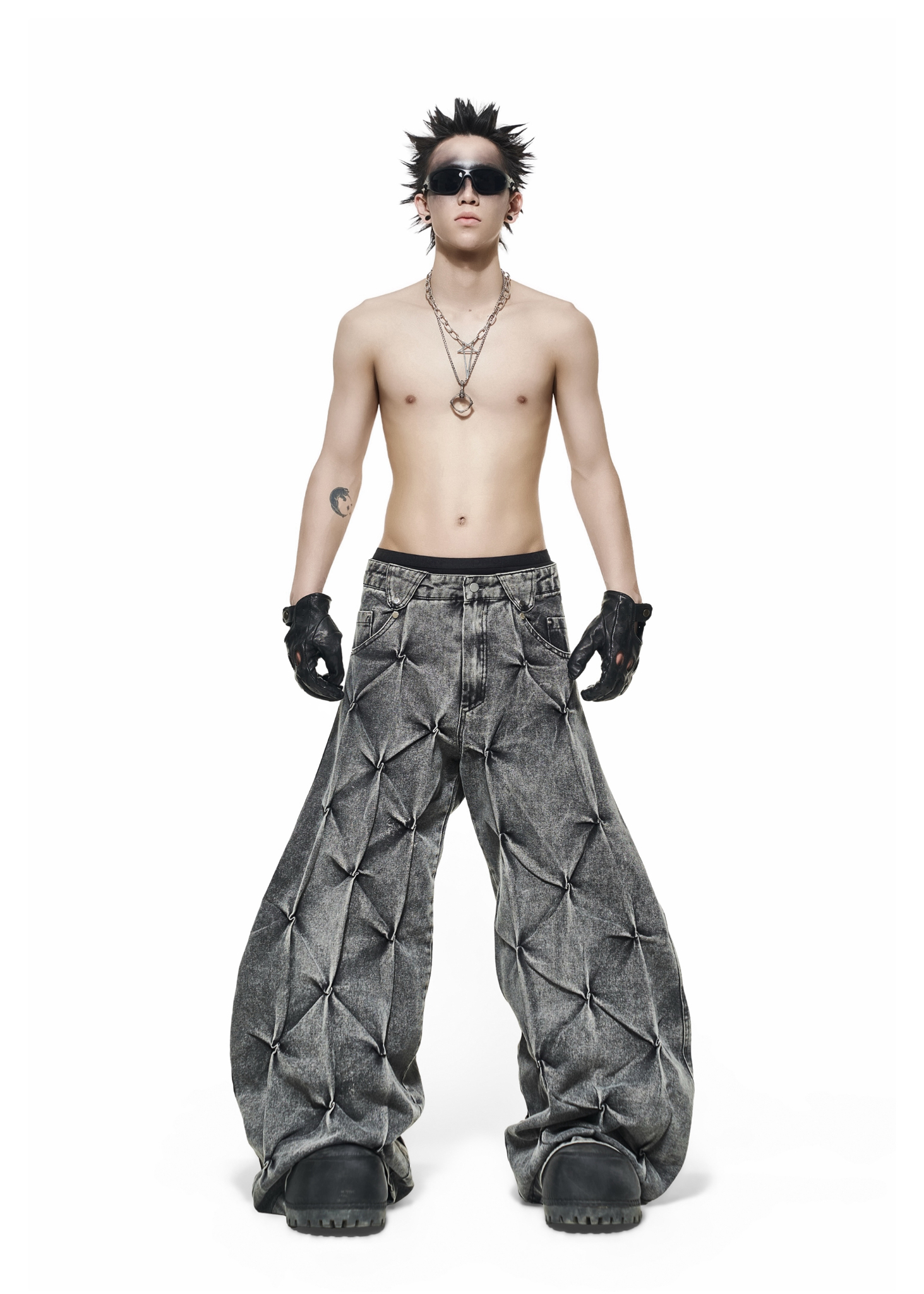 QD.121 Grey Wash Denim Wide Pants