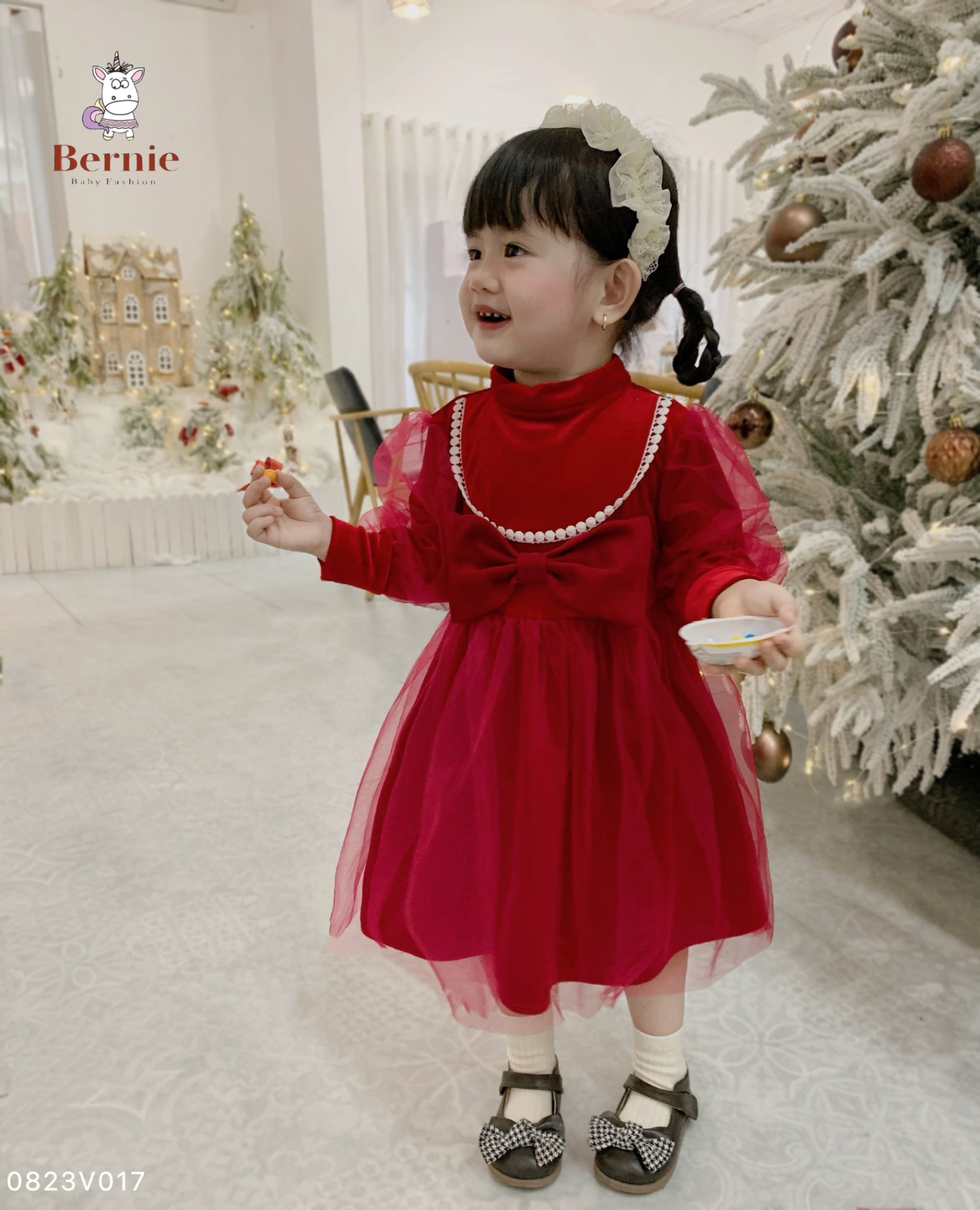 BERNIE 0823V017- VÁY NHUNG NOEL NƠ NGỰC