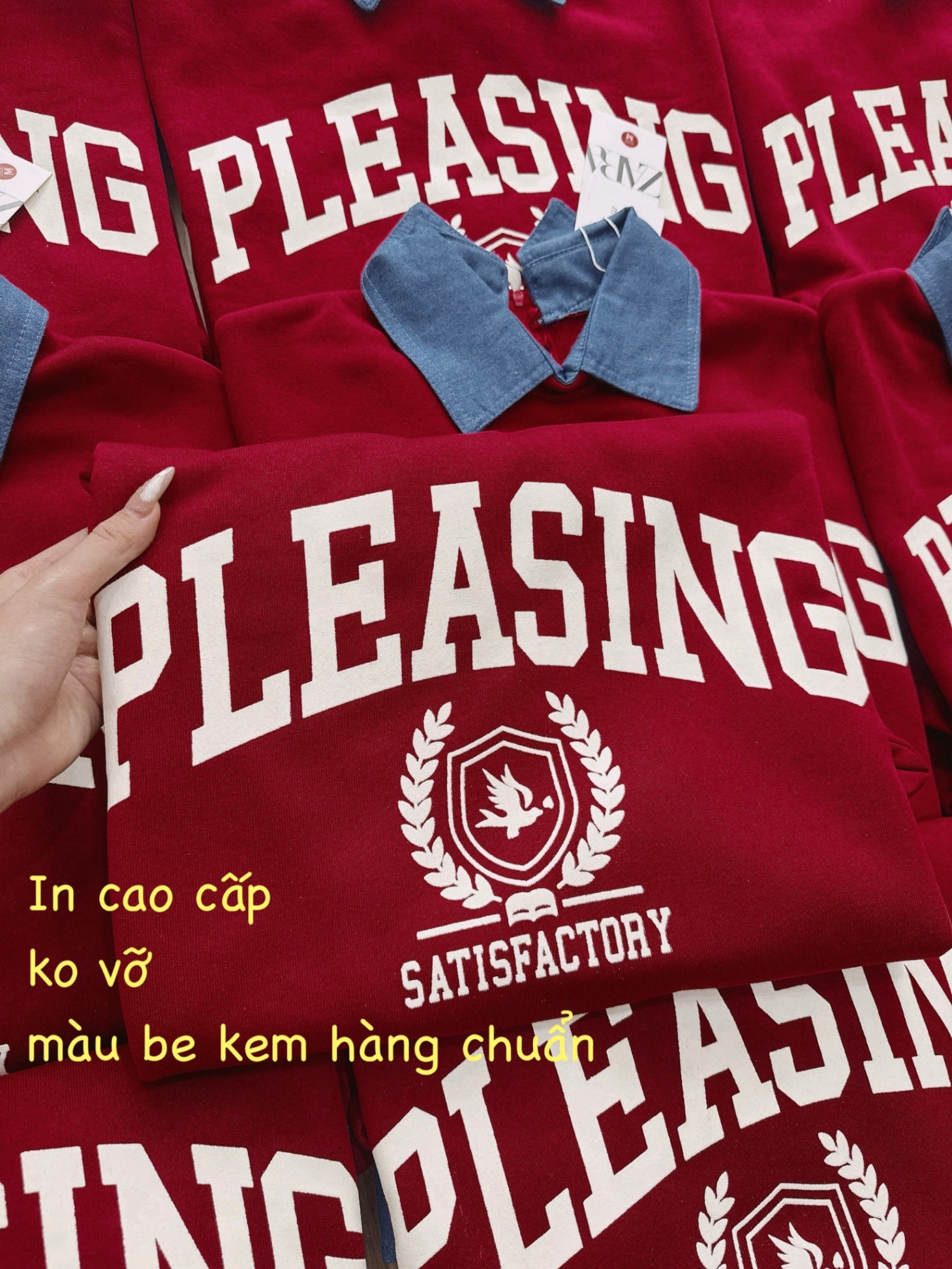 Y125- ÁO NỈ ĐỎ PHỐI CỔ BÒ CHỮ PLEASING