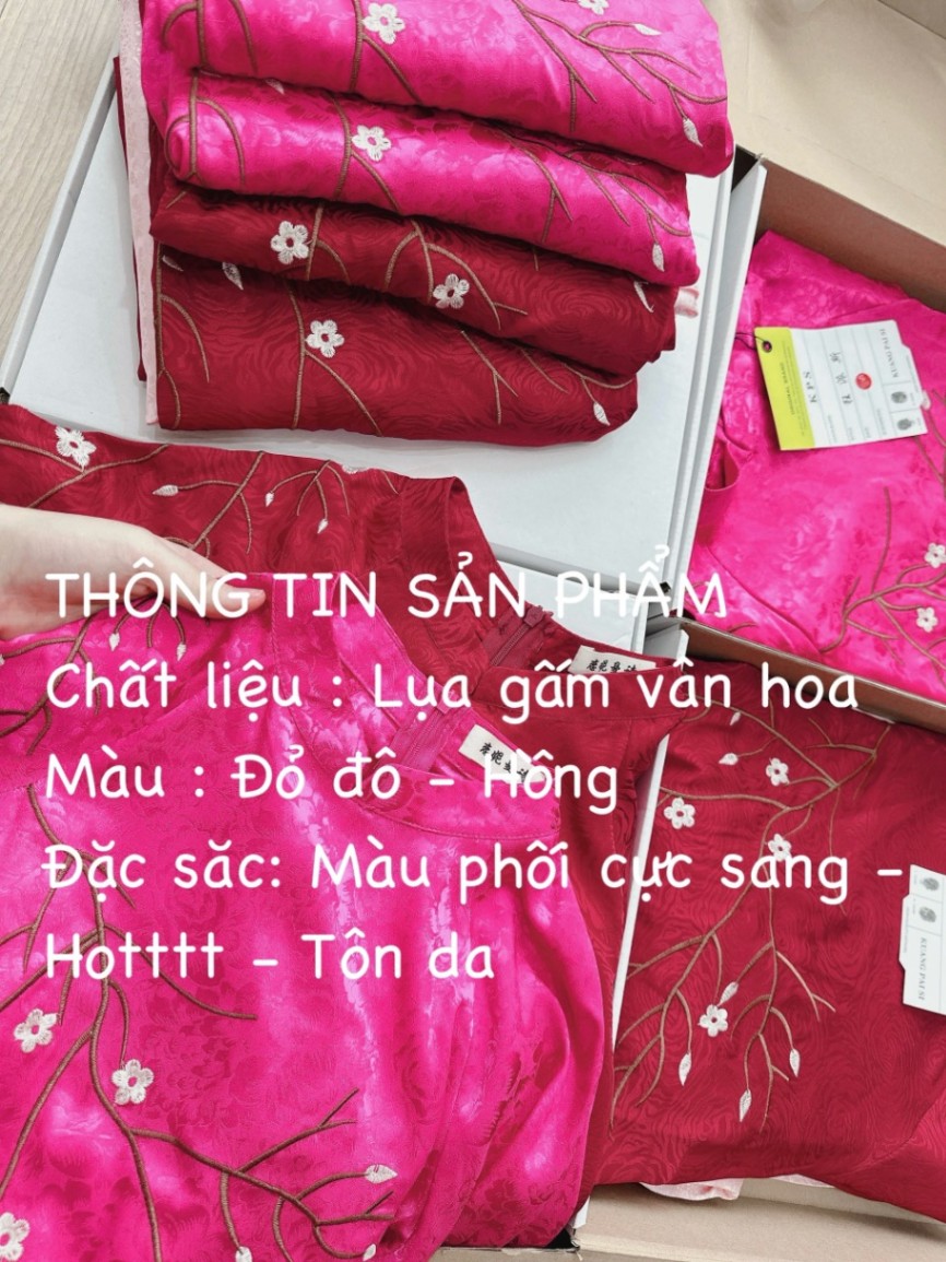 H820 - Hàng thiết kế - ÁO DÀI GẤM THÊU HOA ĐÀO 2 MÀU