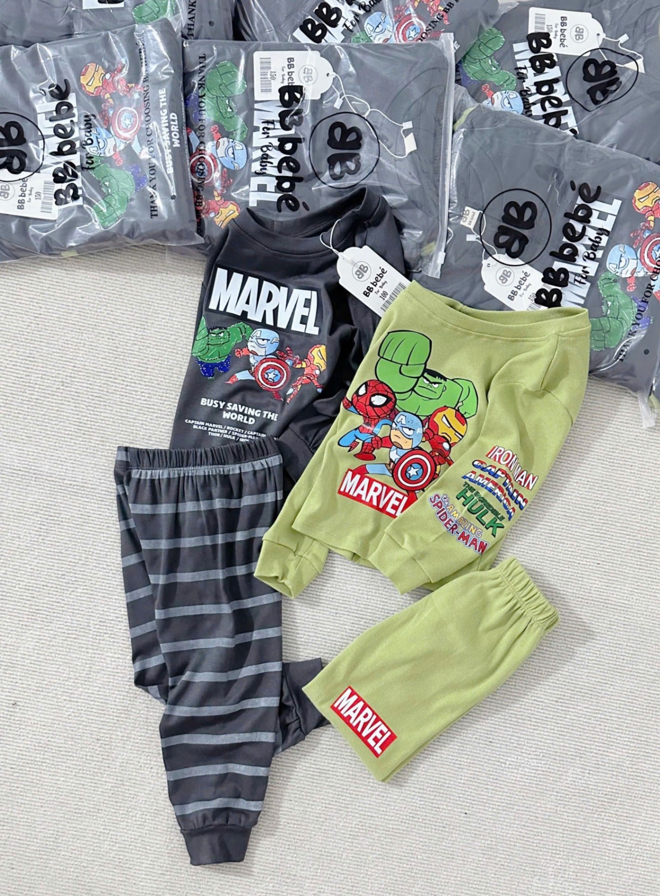 Y1996- SET 2 BỘ BÉ TRAI ZIP MARVEL XÁM XANH LÁ