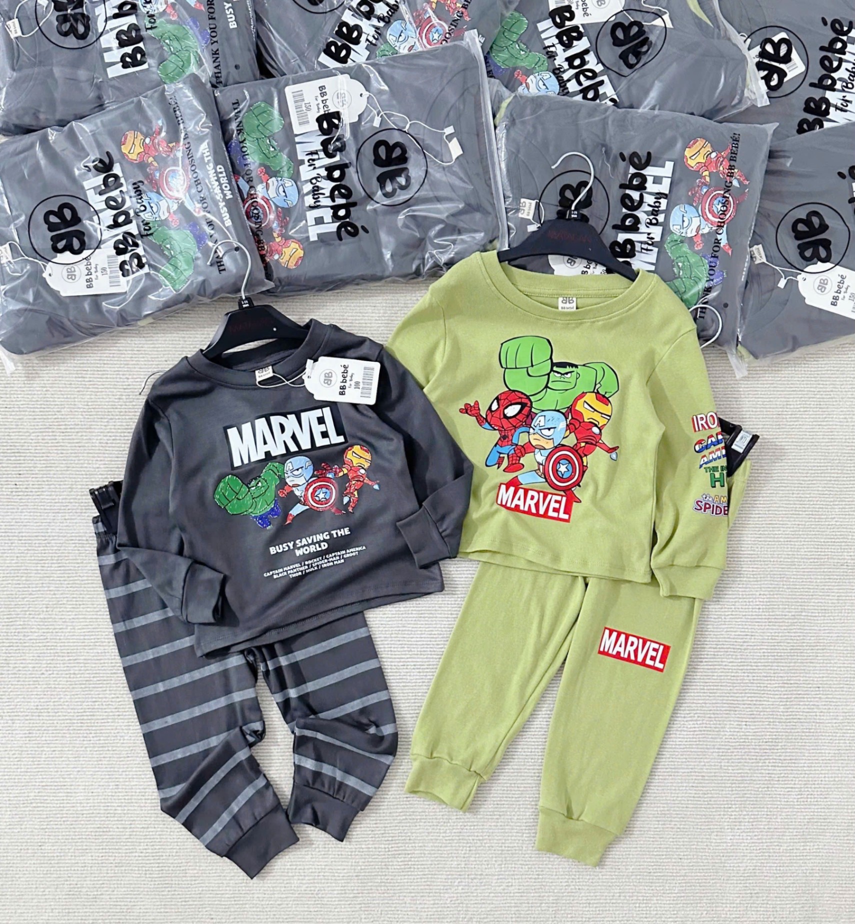 Y1996- SET 2 BỘ BÉ TRAI ZIP MARVEL XÁM XANH LÁ