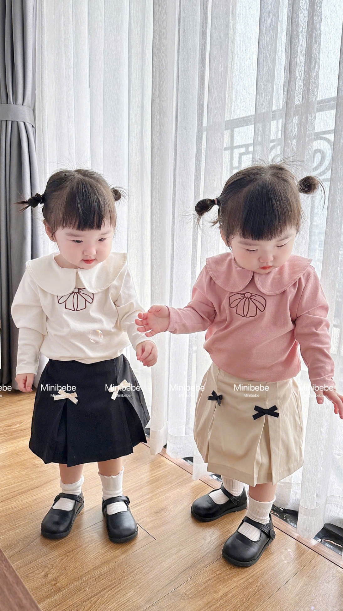 Y2094-SET 2 ÁO BÉ GÁI ZIP DƯ CỔ SEN THÊU NƠ TRẮNG HỒNG