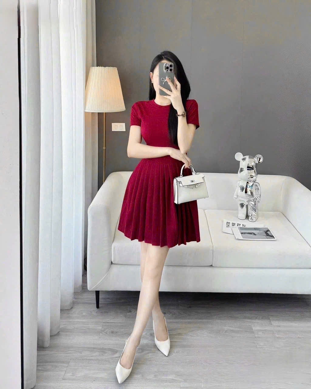 H4170- VÁY TĂM NHUNG XOÈ XẾP LY MÀU ĐỎ