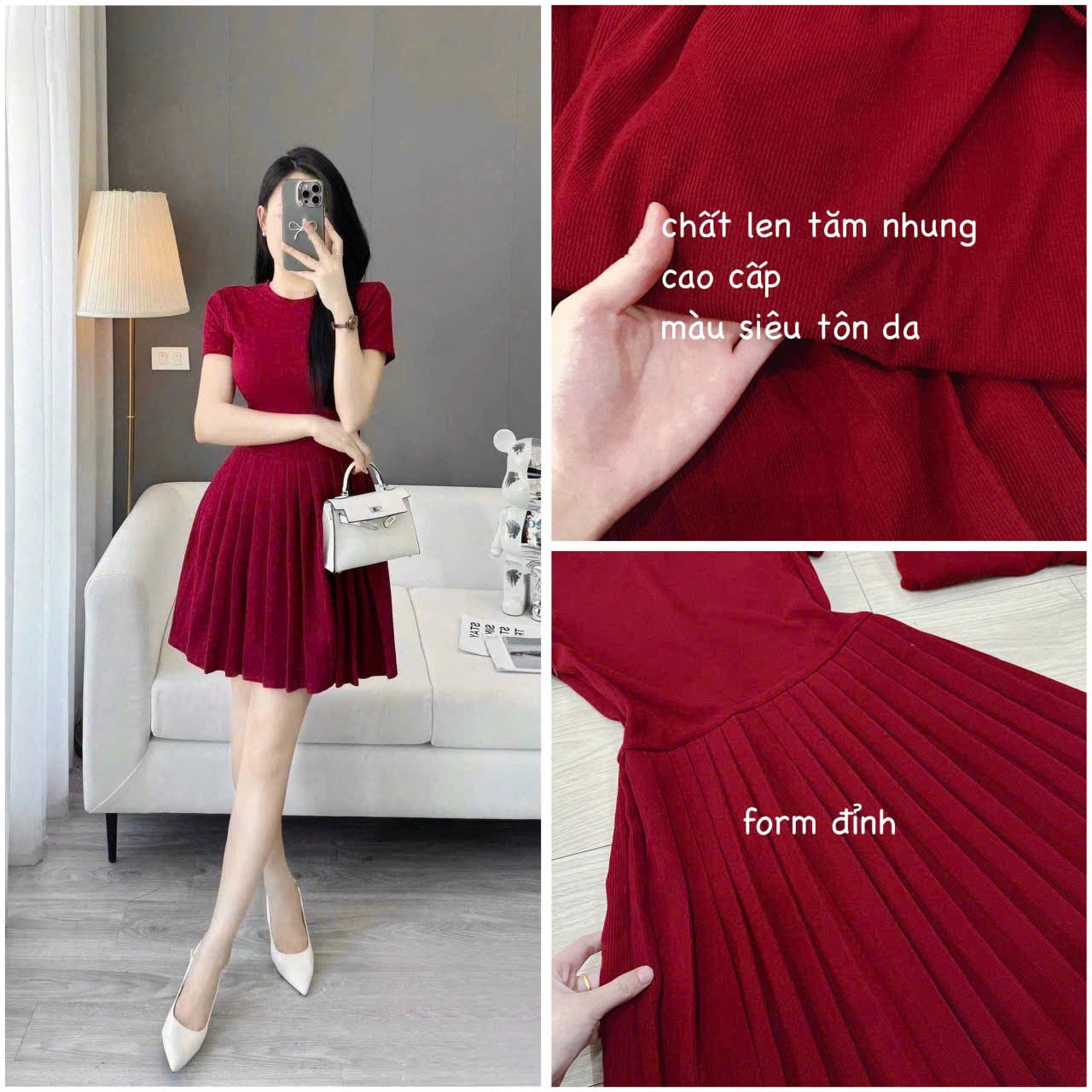 H4170- VÁY TĂM NHUNG XOÈ XẾP LY MÀU ĐỎ