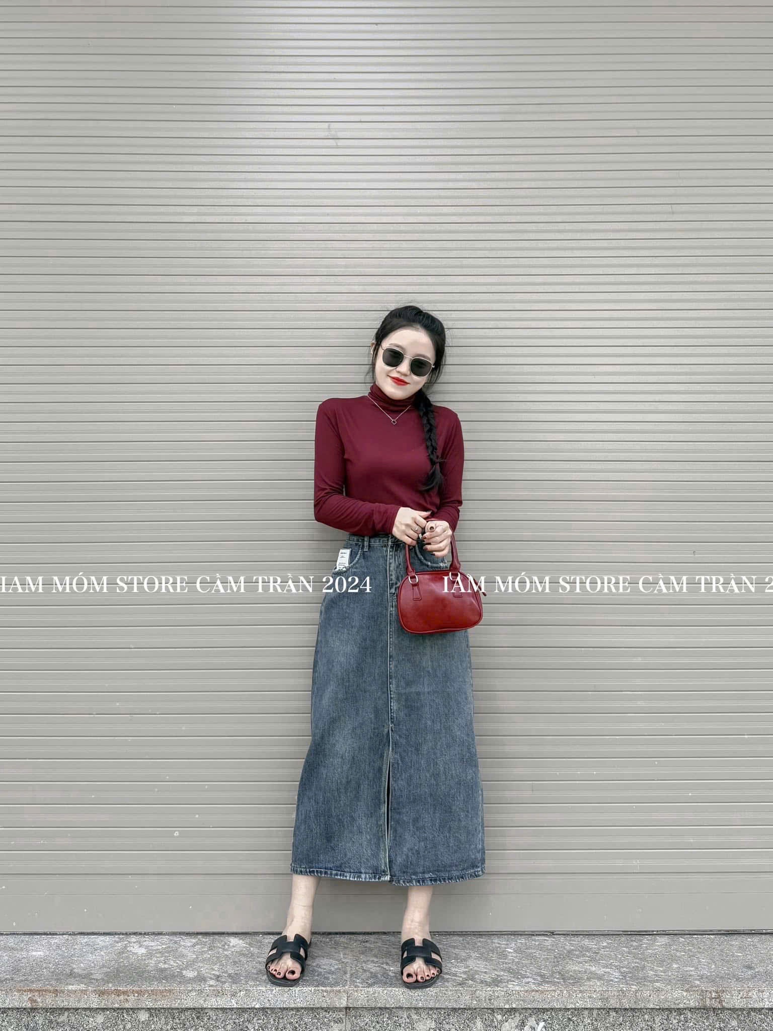 Y2438-CHÂN VÁY JEANS XANH KẺ TRƯỚC MÁC WIND