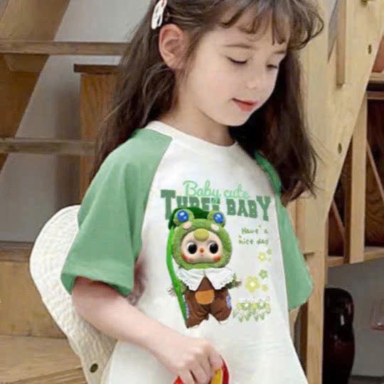 H4644- BỘ BABYTHREE PHỐI XANH LA MIX QUẦN BAGGY ĐEN THỤNG