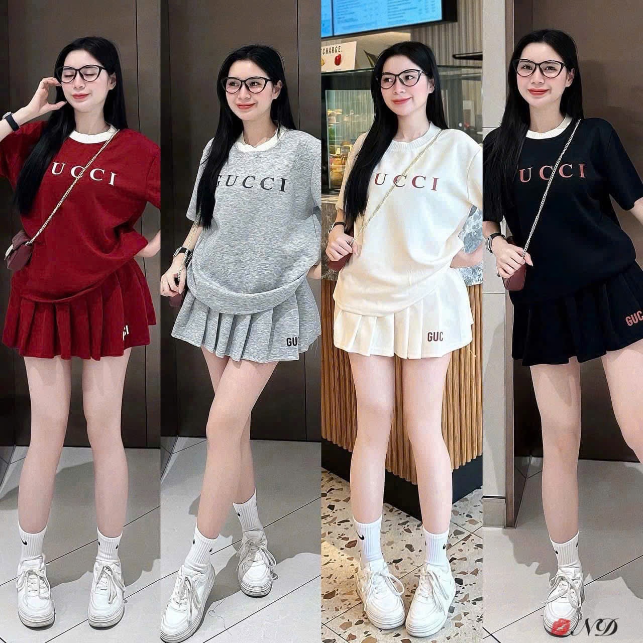 Y3689- SET NỮ ÁO CỘC GUCCI SVAY XẾP LI UMI HÀN