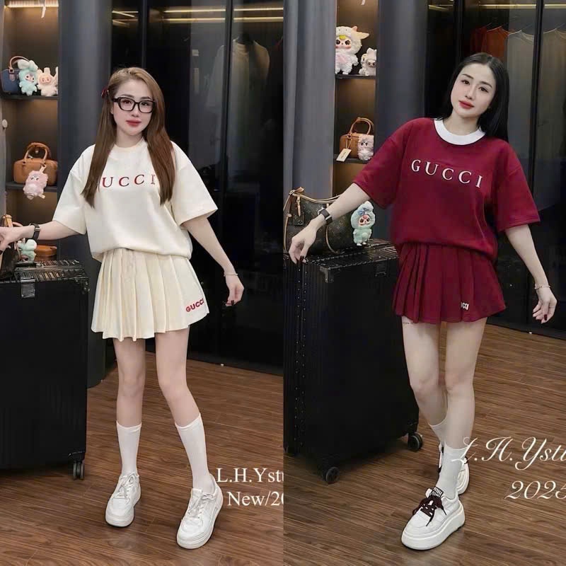 Y3689- SET NỮ ÁO CỘC GUCCI SVAY XẾP LI UMI HÀN