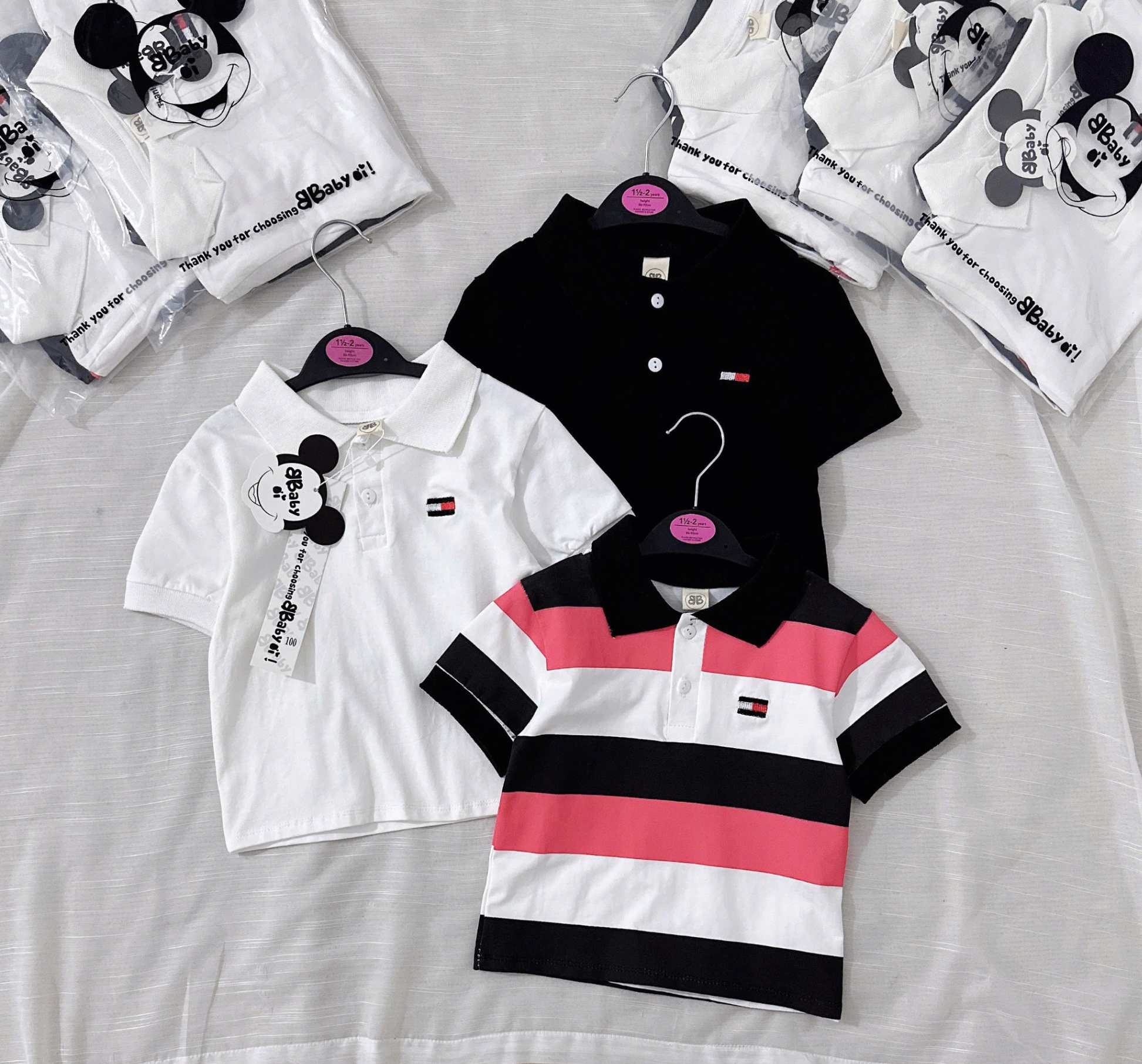 Y3794-SET 3 ÁO BÉ TRAI POLO TOMMY ĐEN KẺ TRẮNG