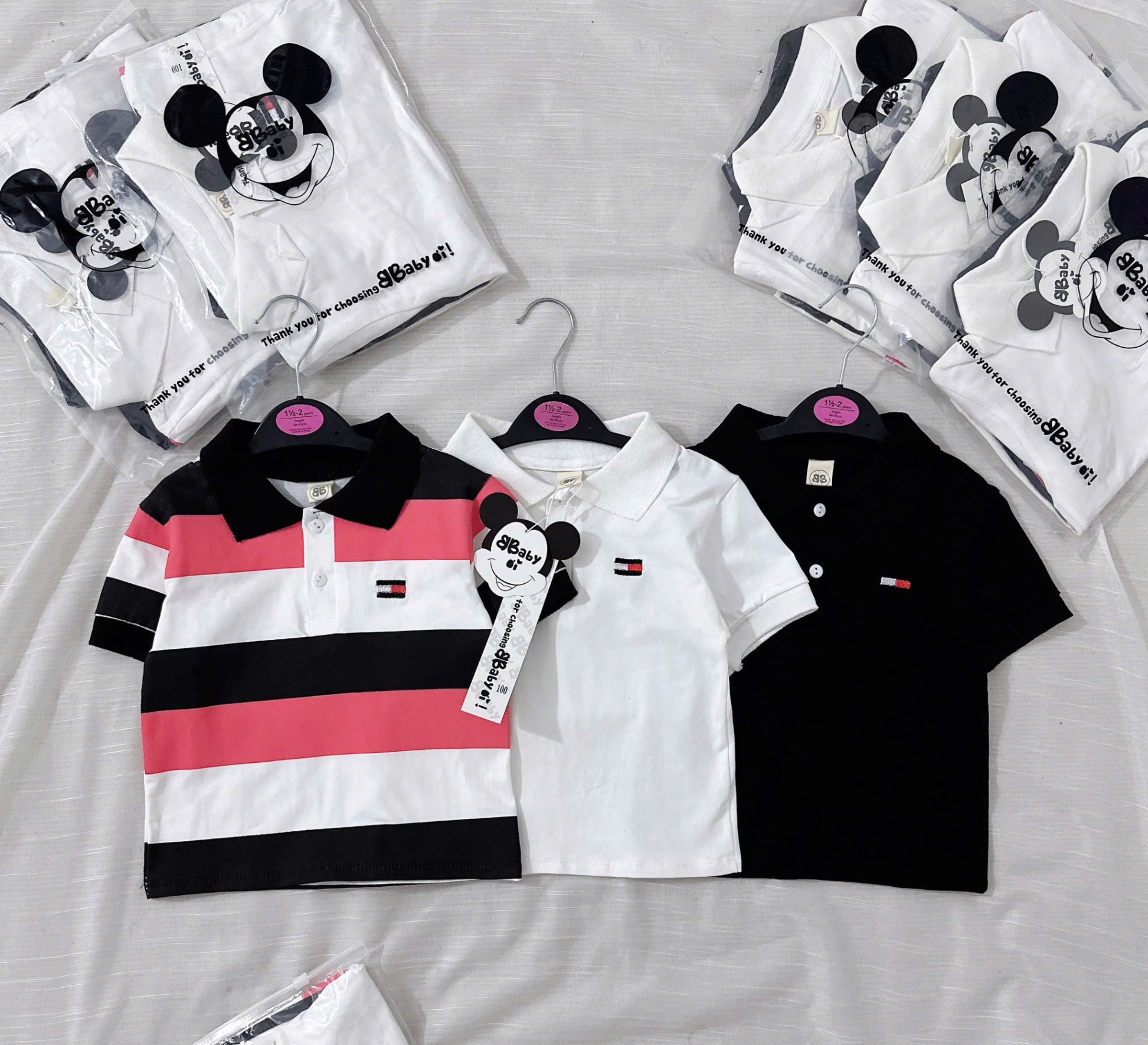 Y3794-SET 3 ÁO BÉ TRAI POLO TOMMY ĐEN KẺ TRẮNG