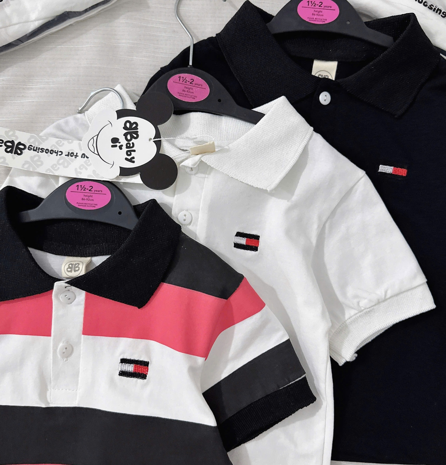 Y3794-SET 3 ÁO BÉ TRAI POLO TOMMY ĐEN KẺ TRẮNG