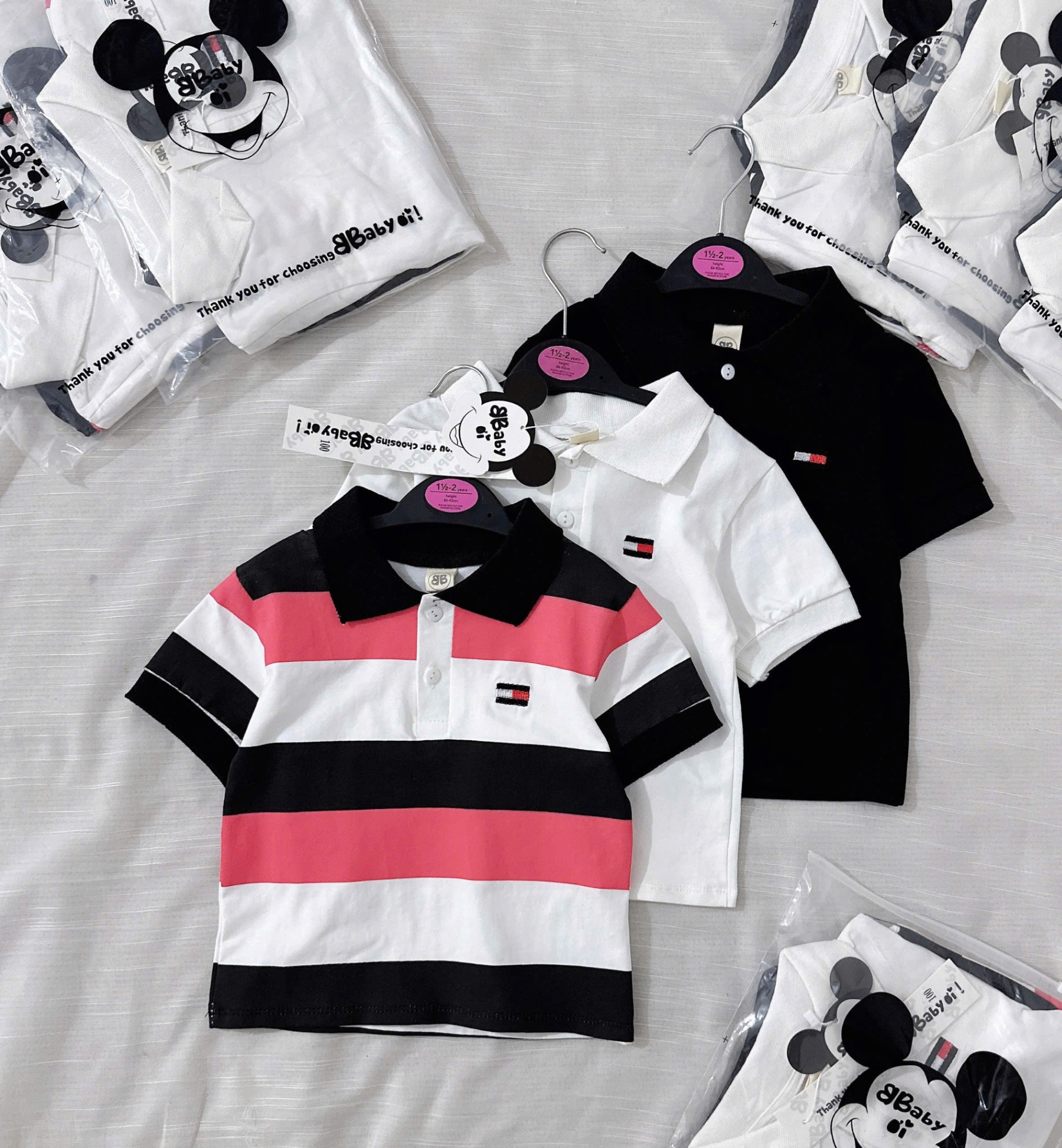 Y3794-SET 3 ÁO BÉ TRAI POLO TOMMY ĐEN KẺ TRẮNG