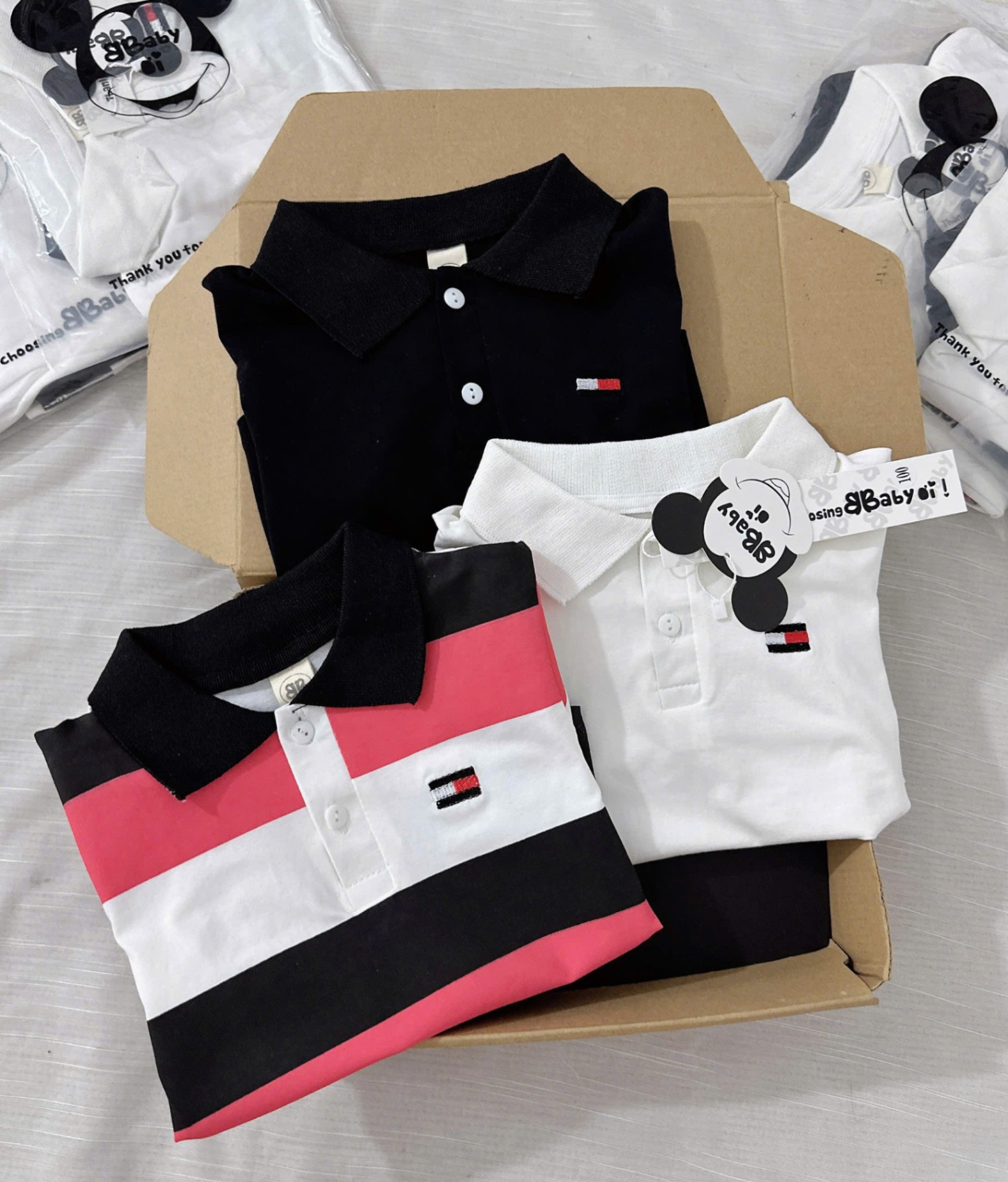 Y3794-SET 3 ÁO BÉ TRAI POLO TOMMY ĐEN KẺ TRẮNG