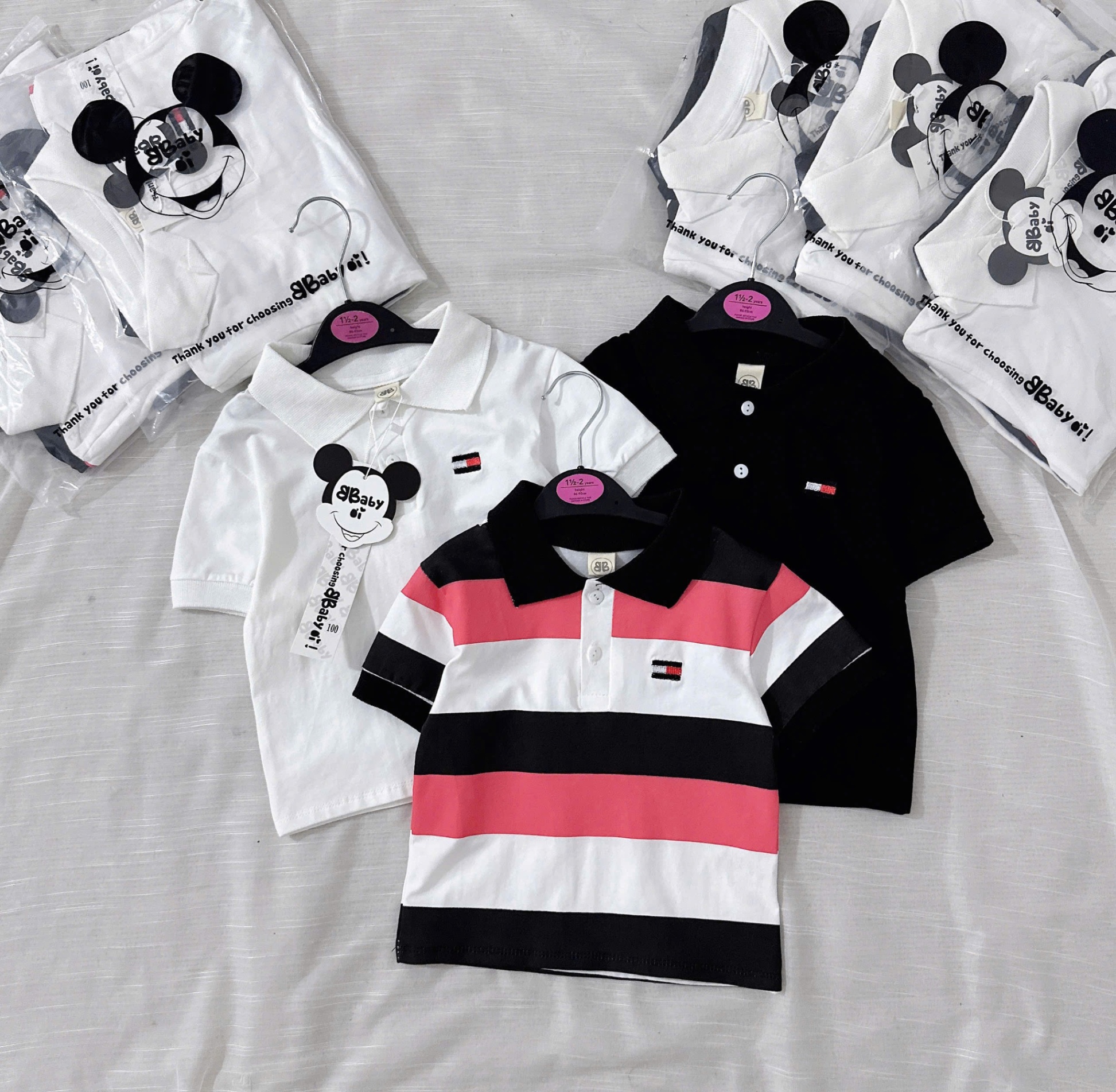 Y3794-SET 3 ÁO BÉ TRAI POLO TOMMY ĐEN KẺ TRẮNG