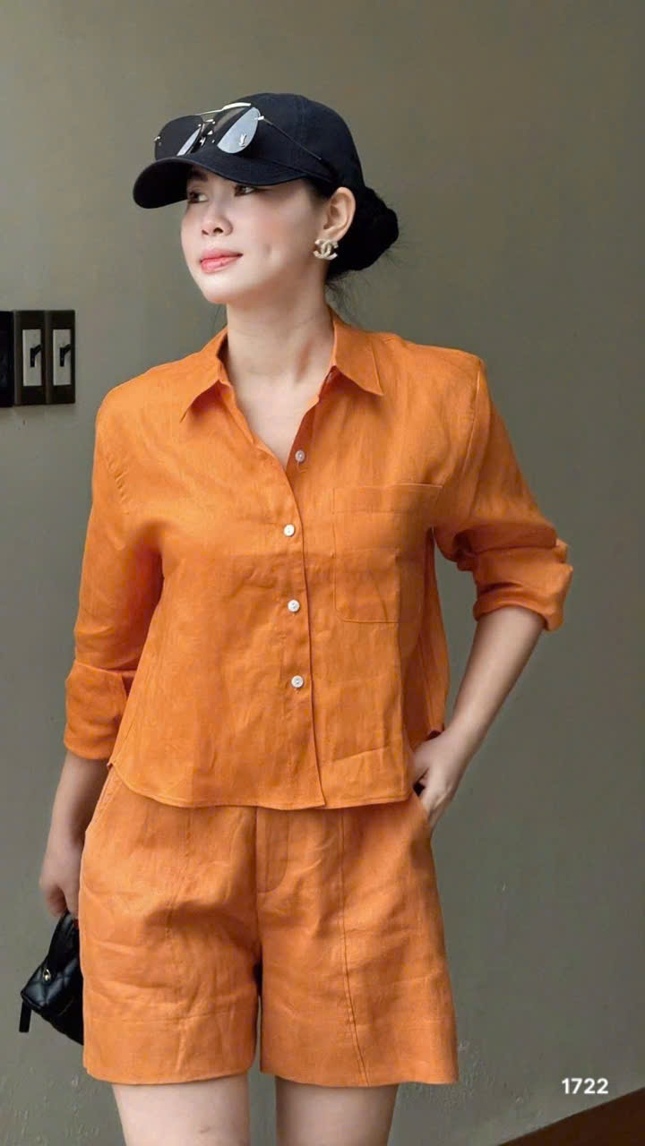 L291-SET BỘ ORANGE NƠ SAU XẮN TAY QUẦN SHORT LỠ NỮ