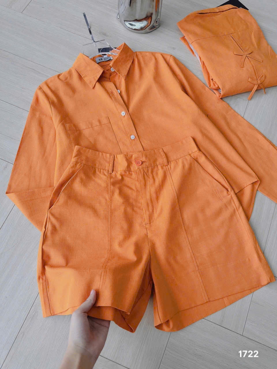 L291-SET BỘ ORANGE NƠ SAU XẮN TAY QUẦN SHORT LỠ NỮ