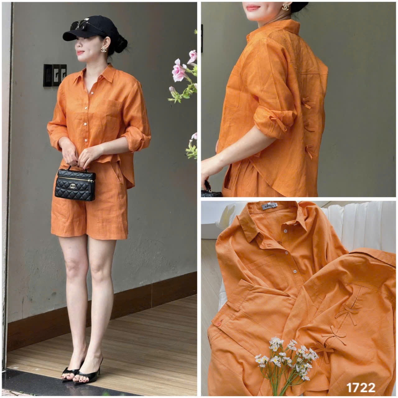 L291-SET BỘ ORANGE NƠ SAU XẮN TAY QUẦN SHORT LỠ NỮ