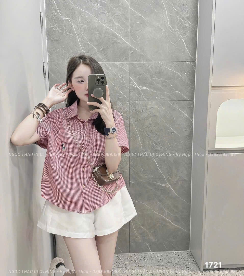 L292-ÁO SƠ MI KẺ CỘC THÊU MK TÚI - GU CAO CẤP