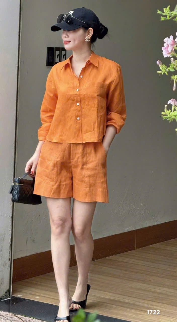 L291-SET BỘ ORANGE NƠ SAU XẮN TAY QUẦN SHORT LỠ NỮ