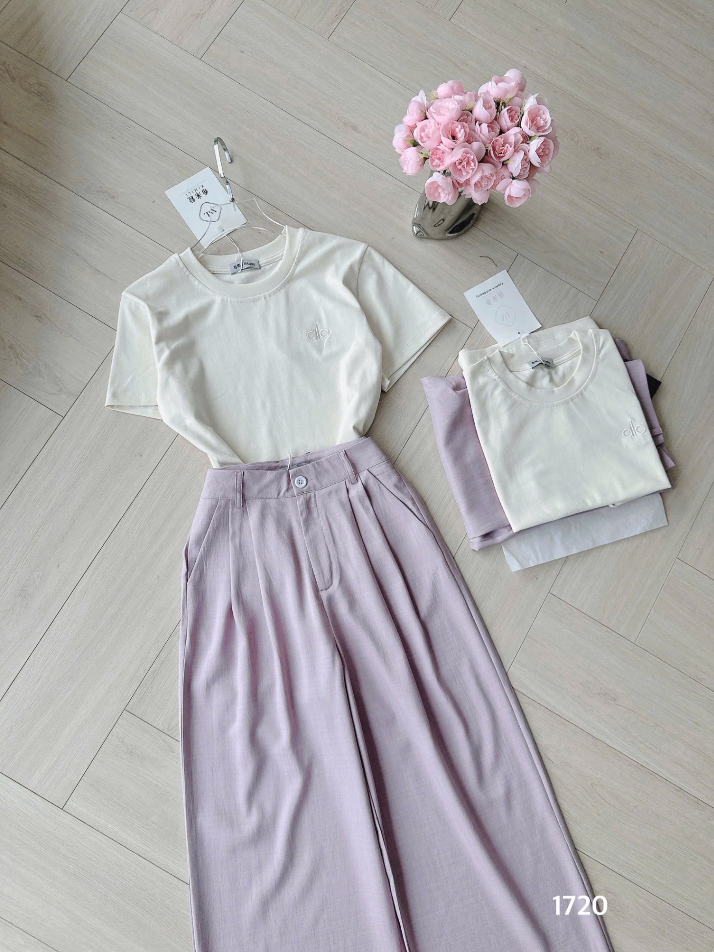 L289-SET QUẦN SUÔNG TÍM 2LI MIX ÁO DÍP THÊU NỮ