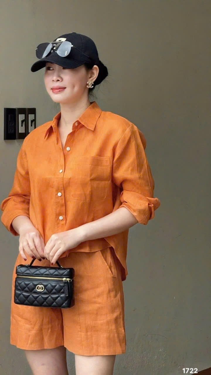 L291-SET BỘ ORANGE NƠ SAU XẮN TAY QUẦN SHORT LỠ NỮ
