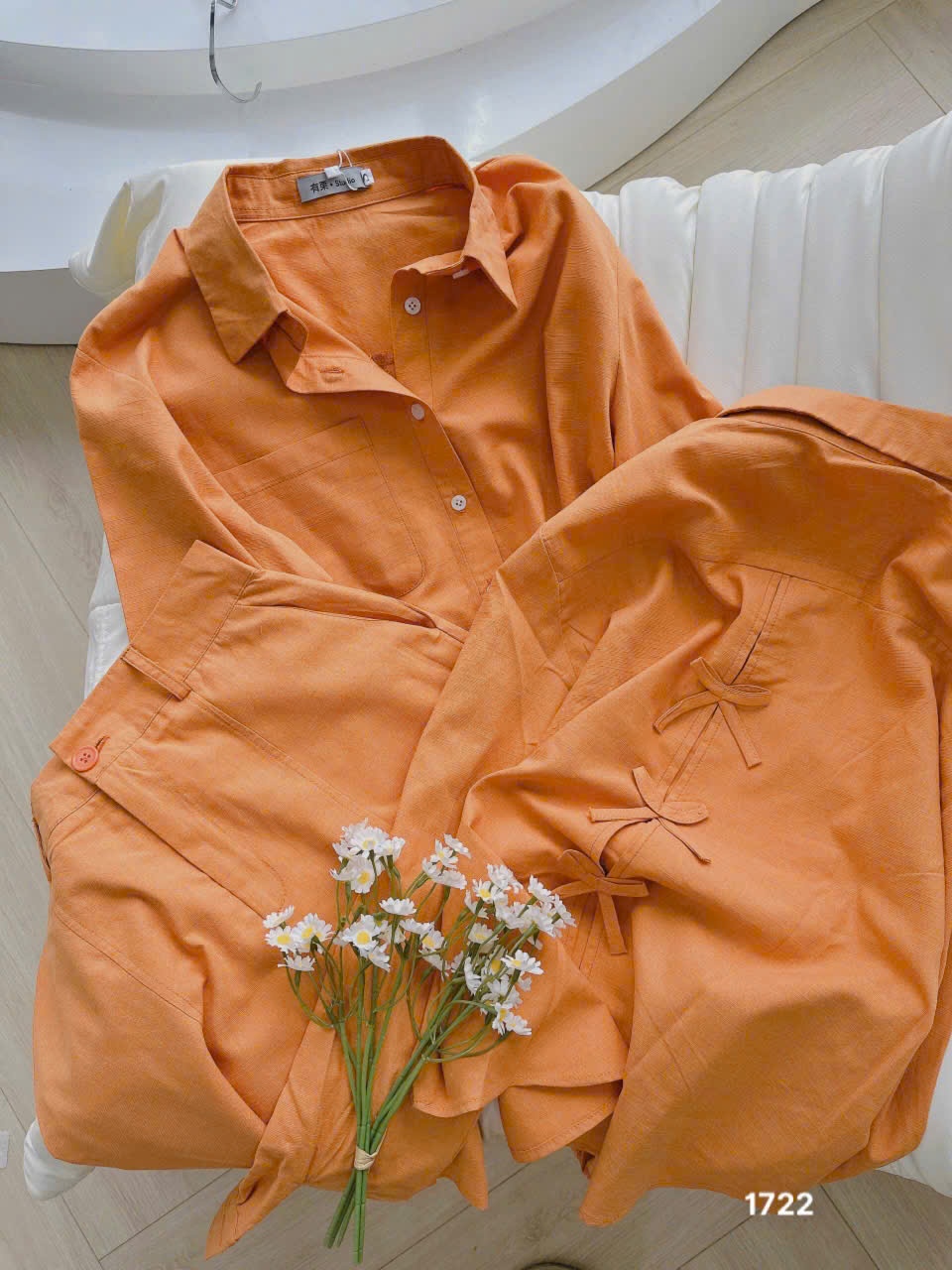 L291-SET BỘ ORANGE NƠ SAU XẮN TAY QUẦN SHORT LỠ NỮ