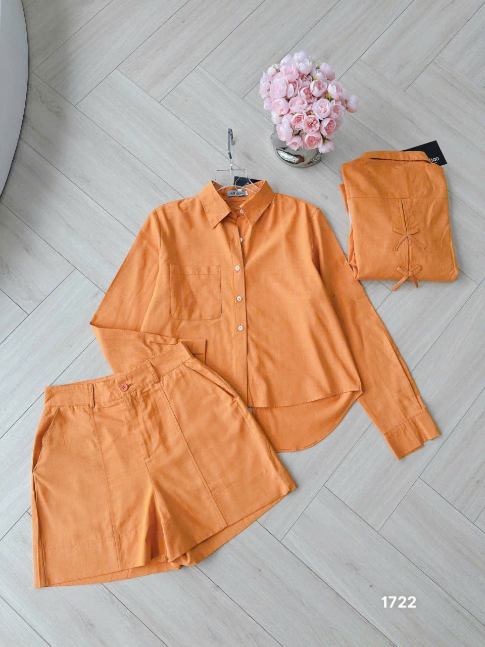 L291-SET BỘ ORANGE NƠ SAU XẮN TAY QUẦN SHORT LỠ NỮ