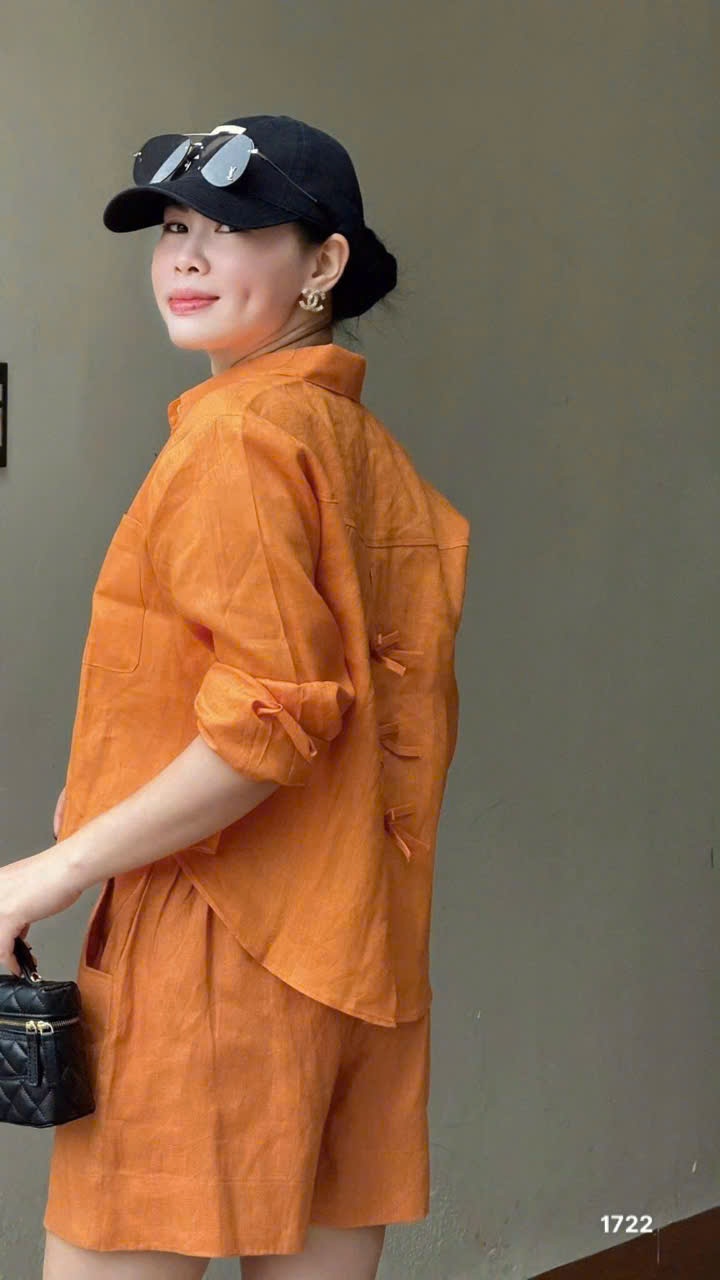 L291-SET BỘ ORANGE NƠ SAU XẮN TAY QUẦN SHORT LỠ NỮ