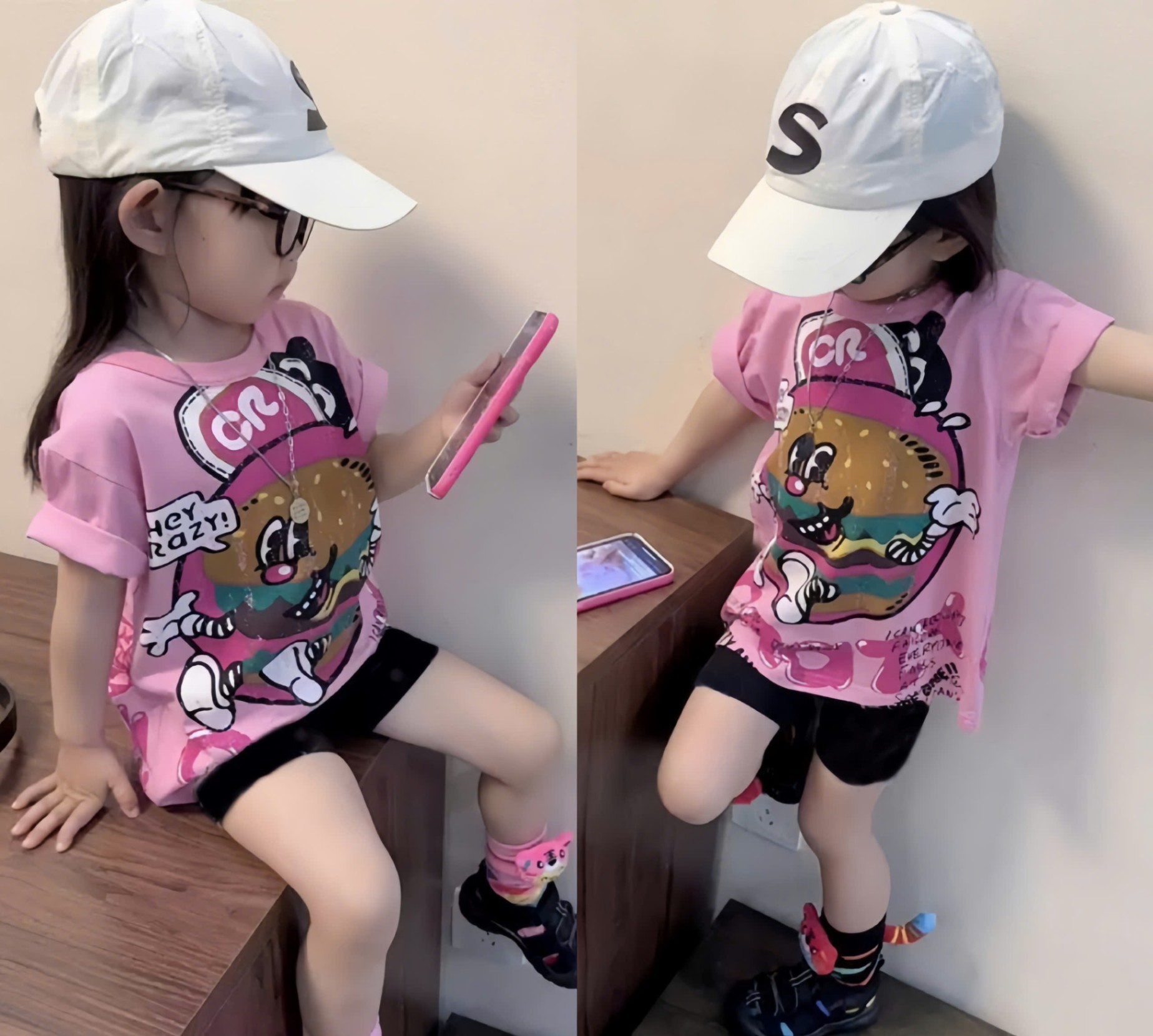 Y4045-BỘ BÉ GÁI ÁO HỒNG CRAZY QUẦN ĐEN