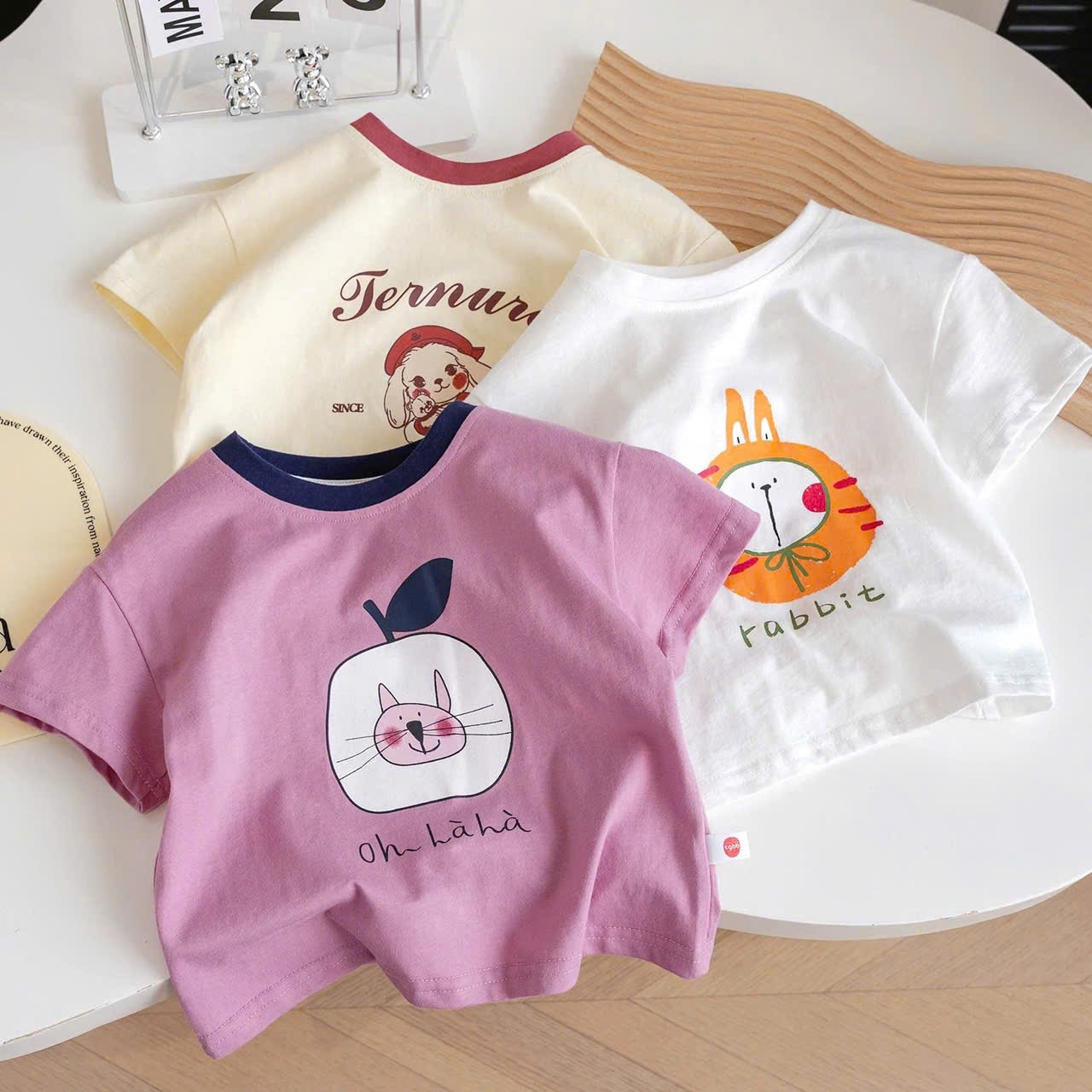 Y4041-SET3 ÁO BÉ GÁI CỘC THÚ JERNURA HỒNG BE TRẮNG