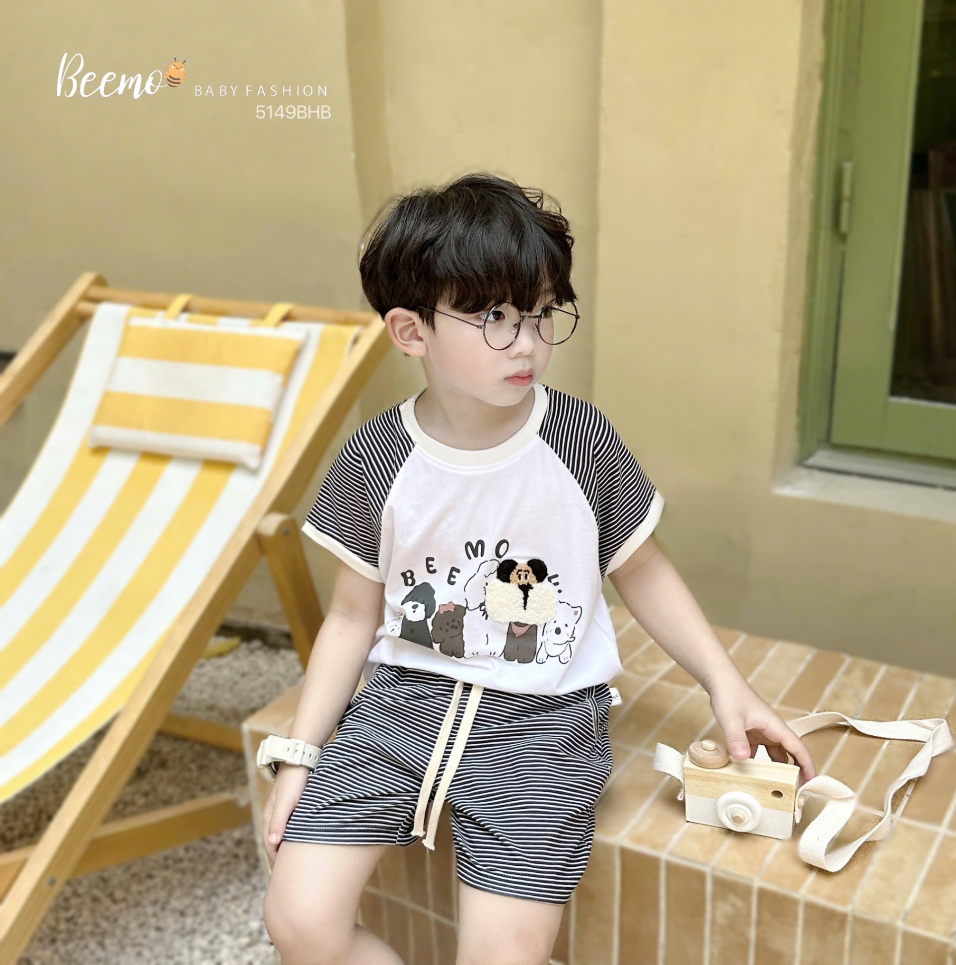 BEEMO 5149BHB -SET CỘC TAY RAGLAN KẺ NGANG THÊU XÙ