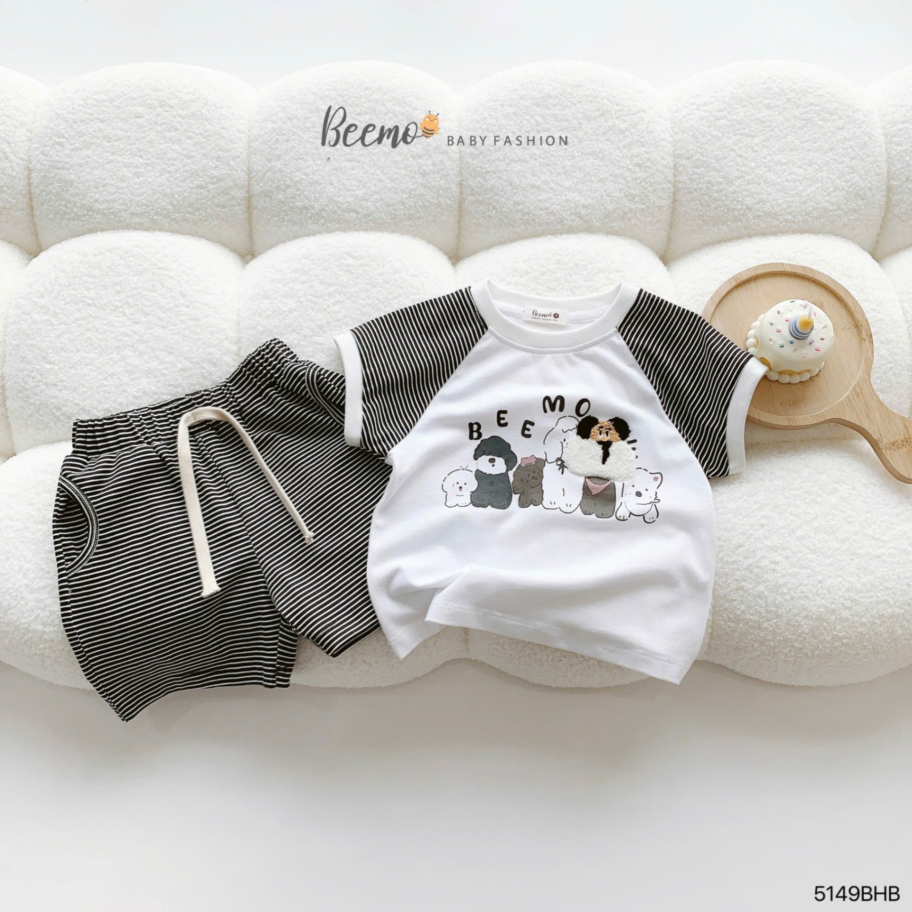 BEEMO 5149BHB -SET CỘC TAY RAGLAN KẺ NGANG THÊU XÙ