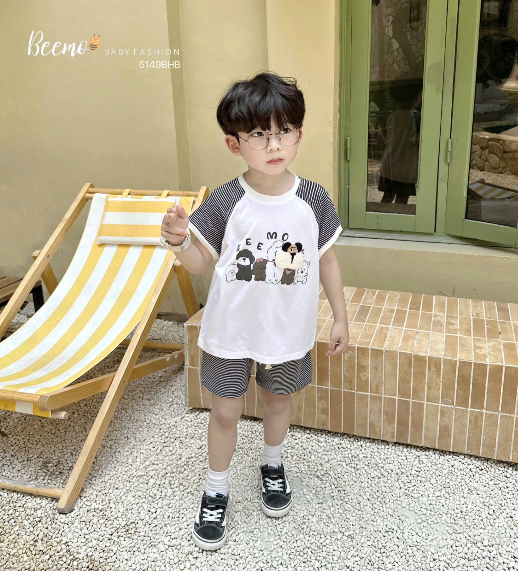 BEEMO 5149BHB -SET CỘC TAY RAGLAN KẺ NGANG THÊU XÙ