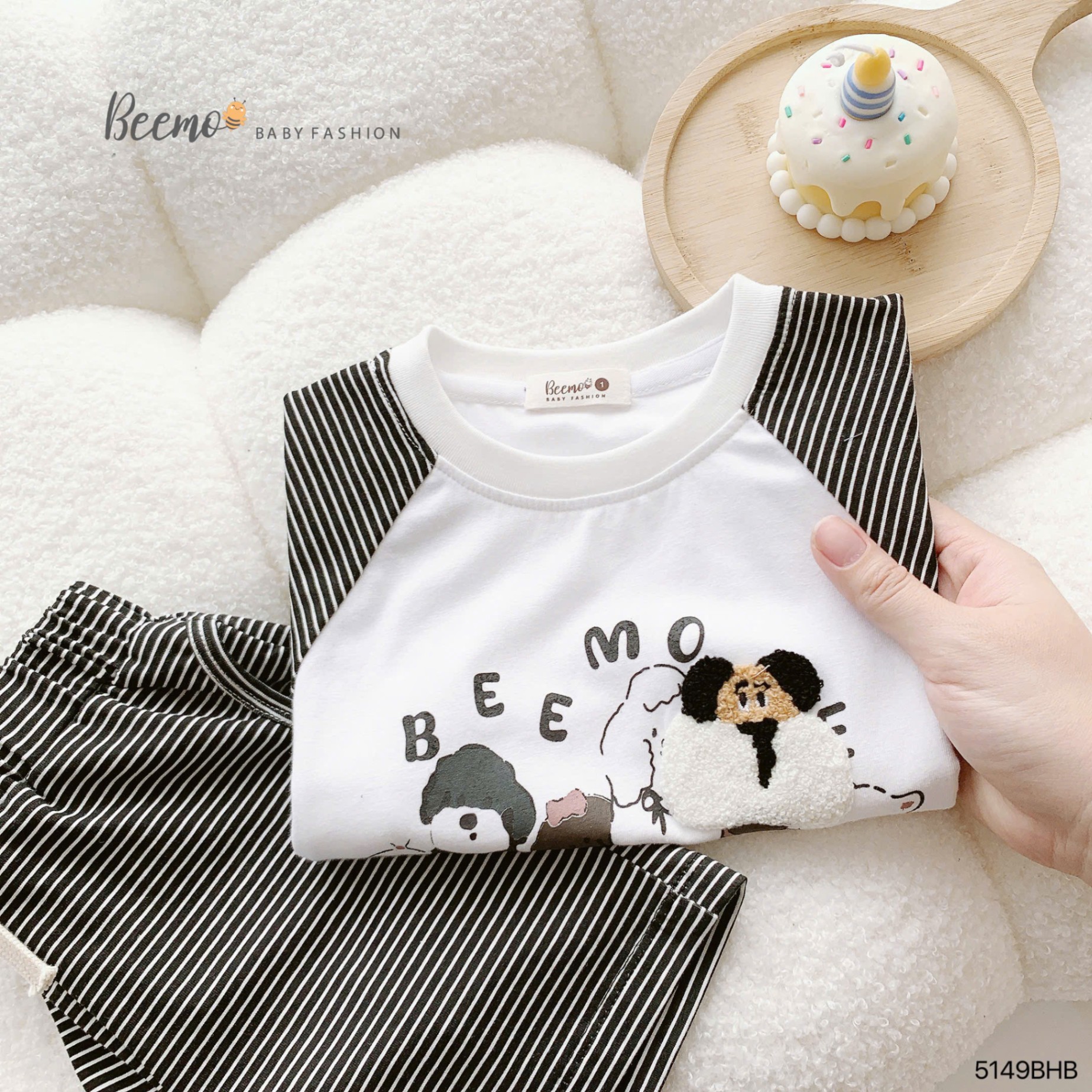 BEEMO 5149BHB -SET CỘC TAY RAGLAN KẺ NGANG THÊU XÙ