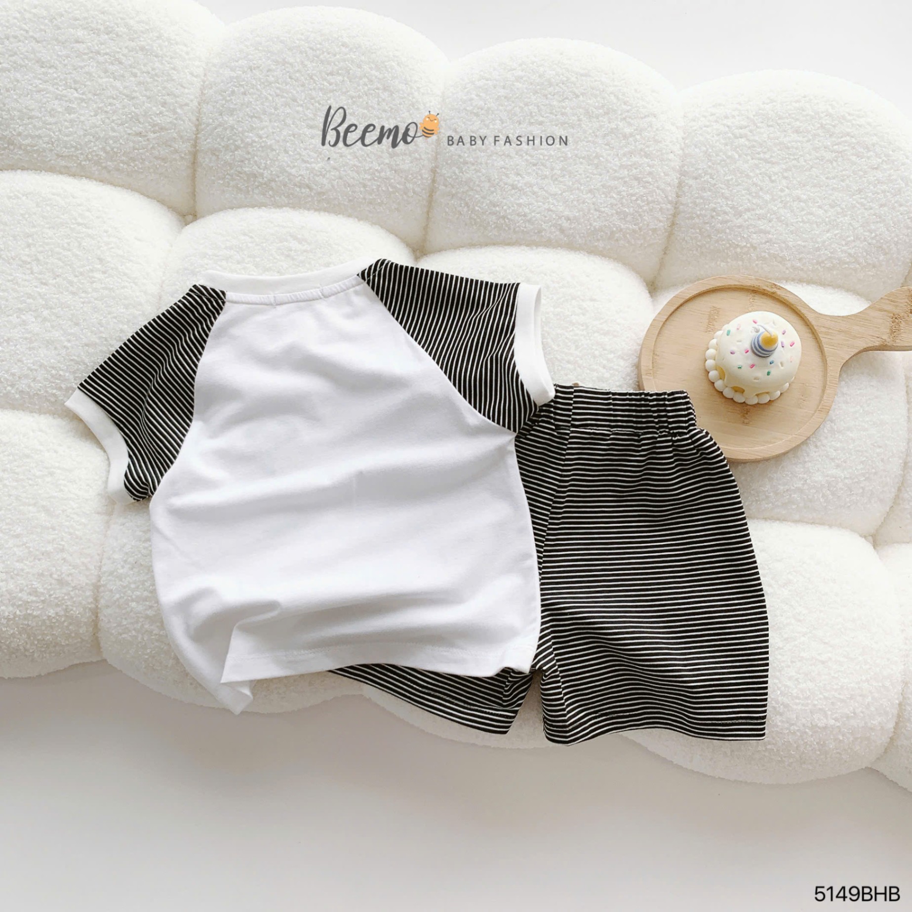 BEEMO 5149BHB -SET CỘC TAY RAGLAN KẺ NGANG THÊU XÙ