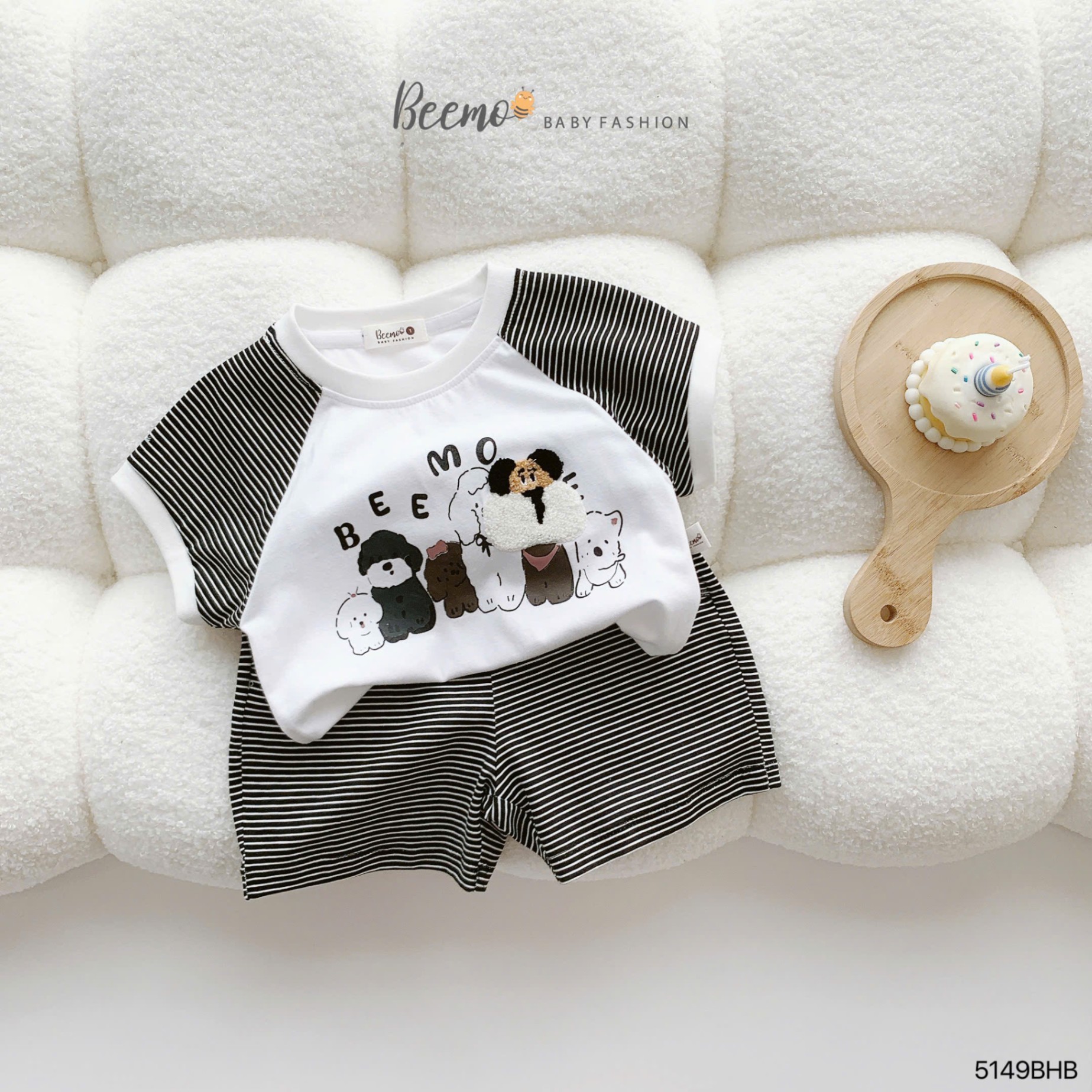 BEEMO 5149BHB -SET CỘC TAY RAGLAN KẺ NGANG THÊU XÙ