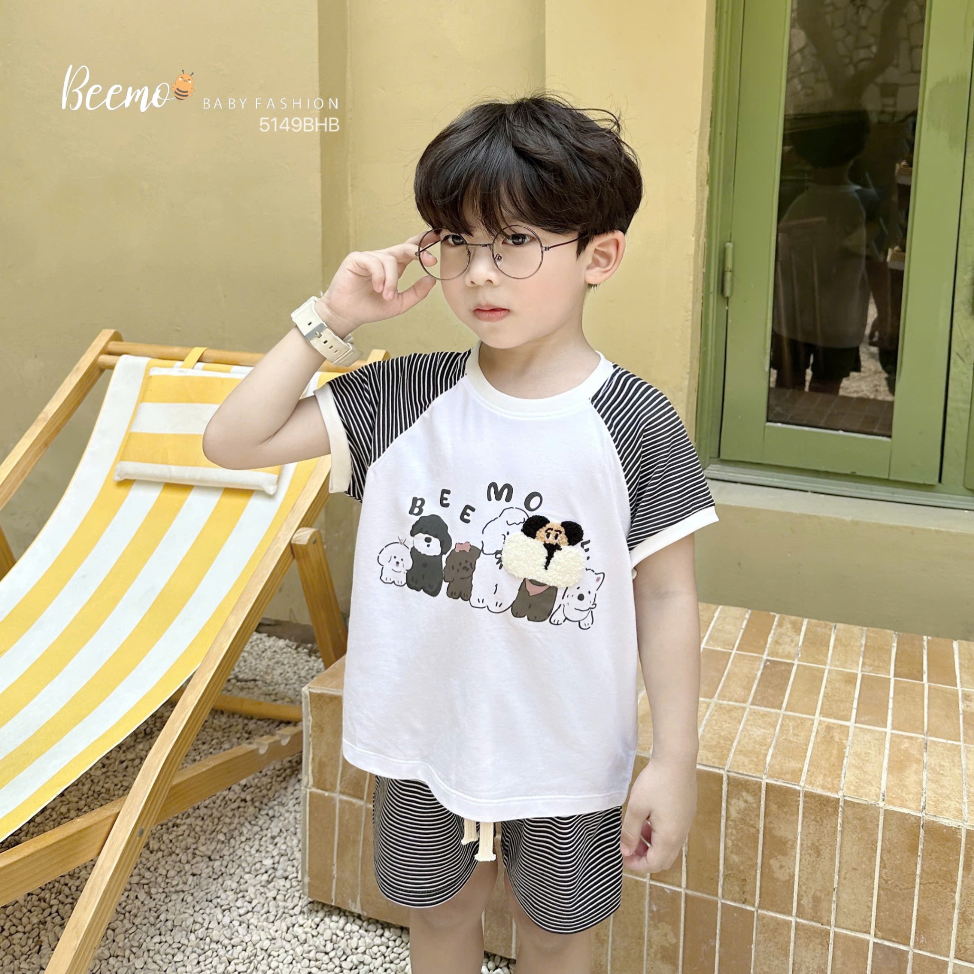 BEEMO 5149BHB -SET CỘC TAY RAGLAN KẺ NGANG THÊU XÙ