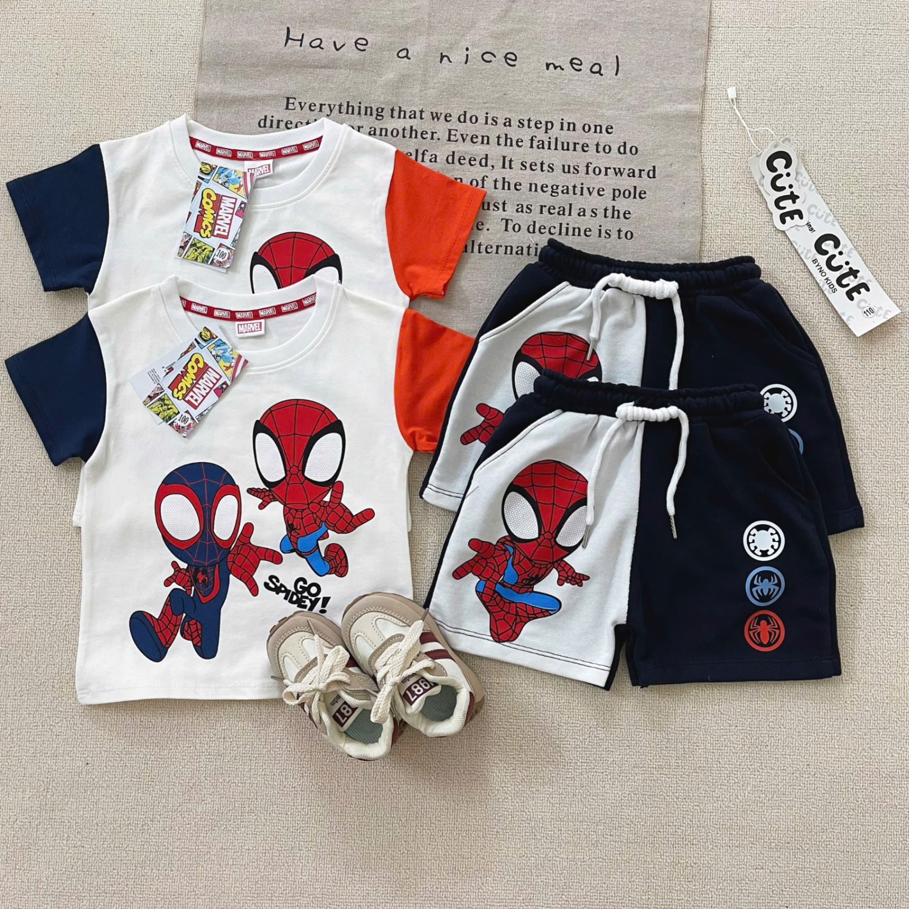 NO771-BỘ NHỆN MARVEL PHỔI TAY CAM THAN CHO BÉ TRAI NEW