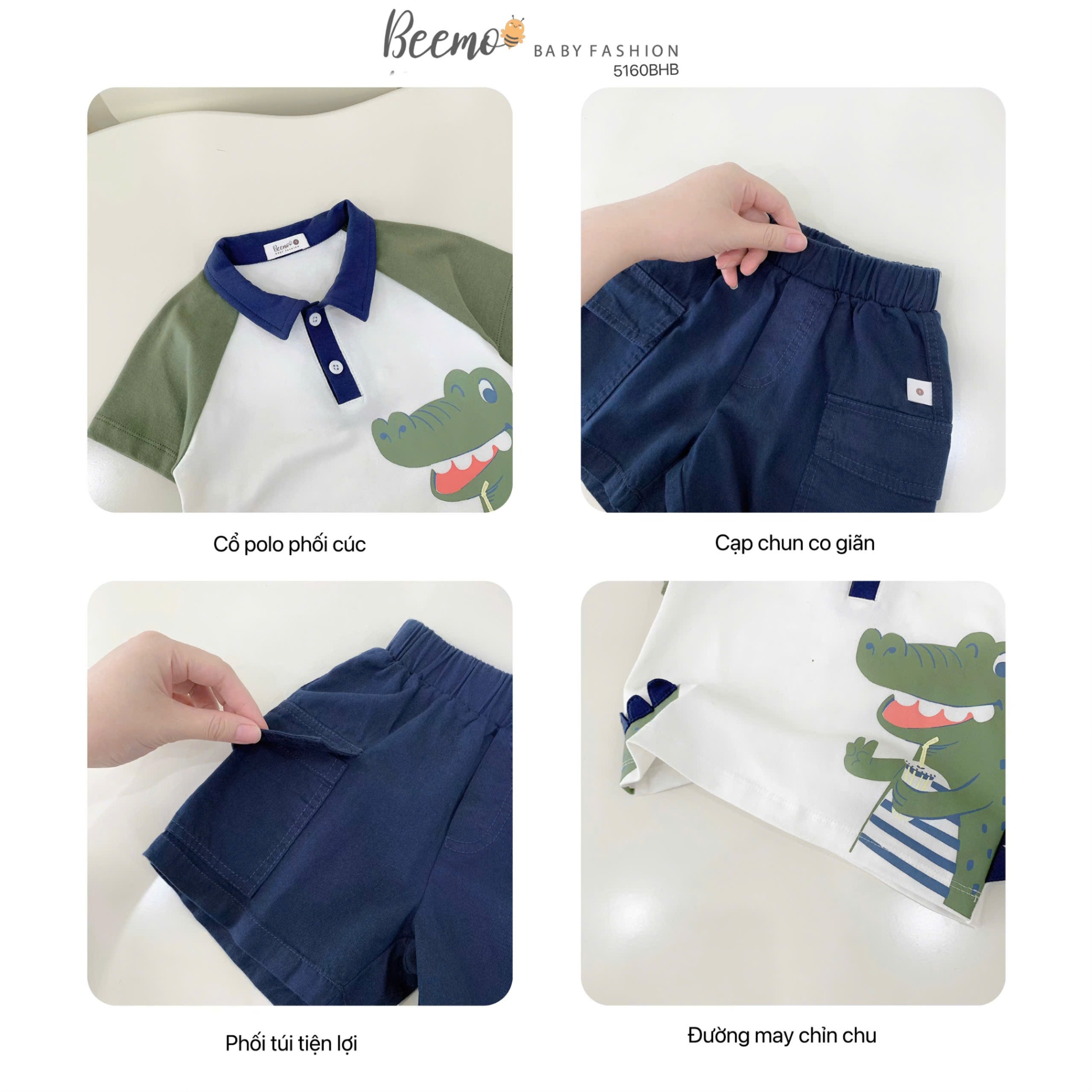 5160BHB- SET CỘC TAY RAGLAN HÌNH CÁ SẤU CỰC YÊU