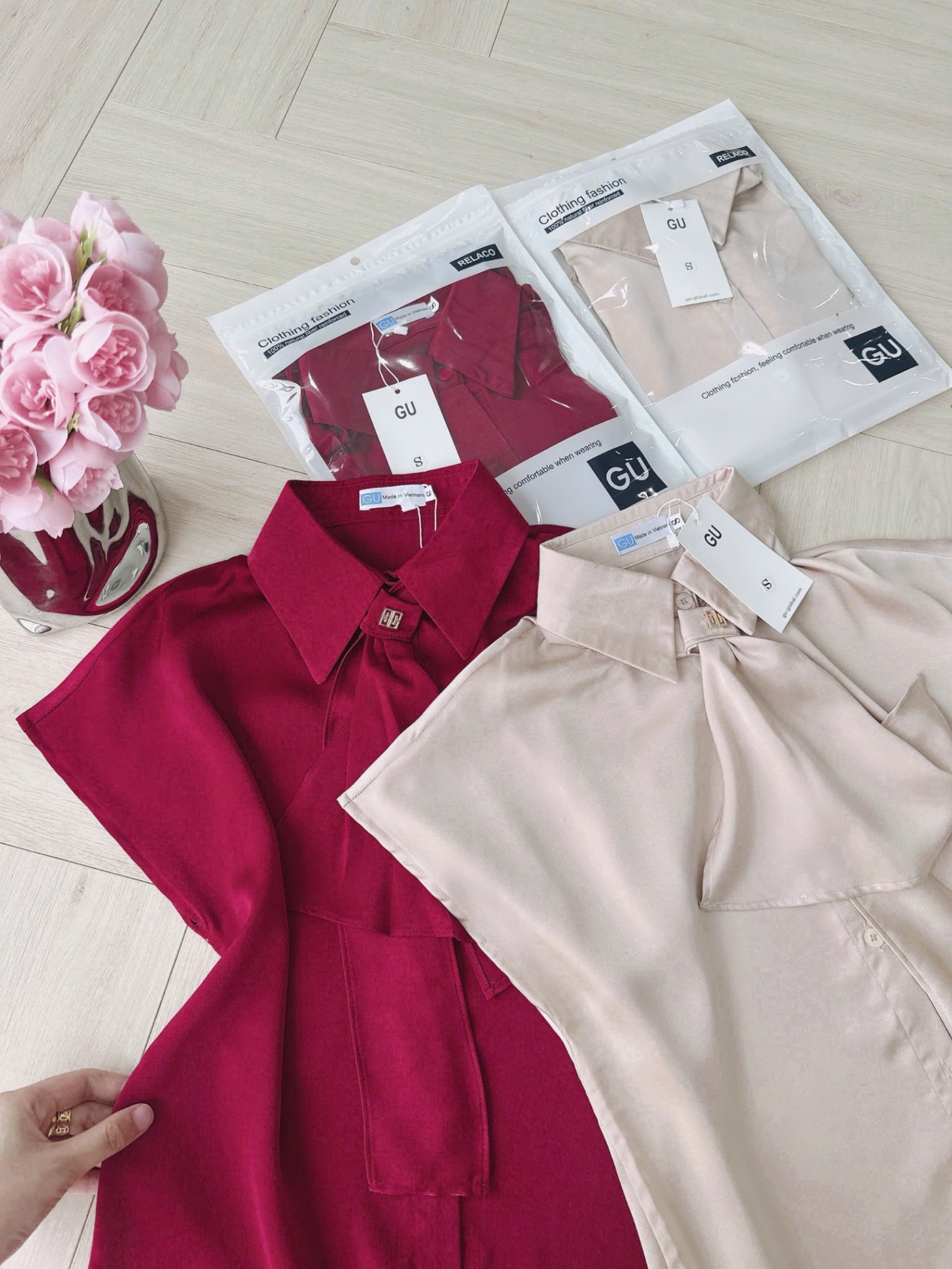 L359-ÁO SƠ MI GU TAY LIỀN MIX NƠ CỔ